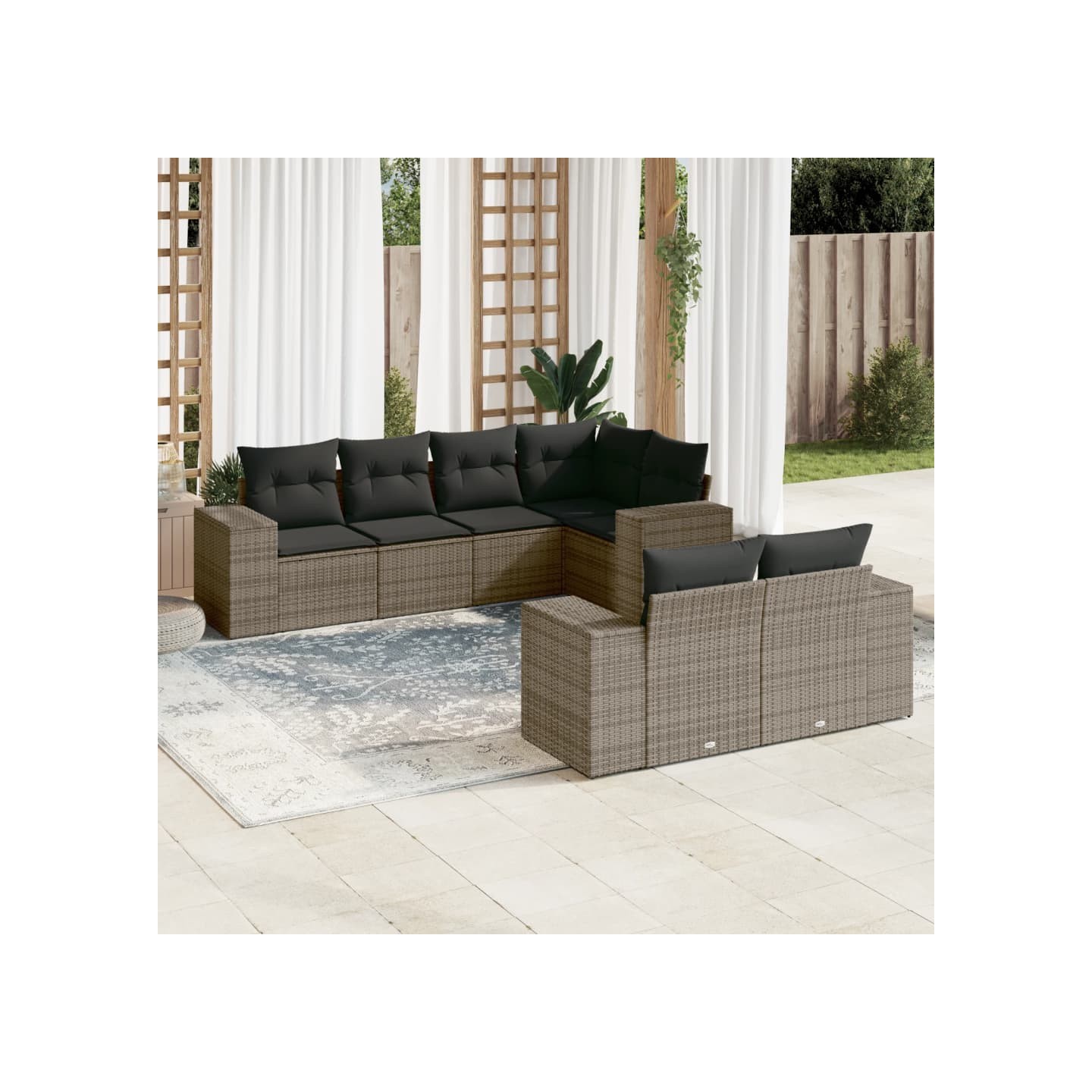 Salon de jardin avec coussins 7 pcs gris résine tressée