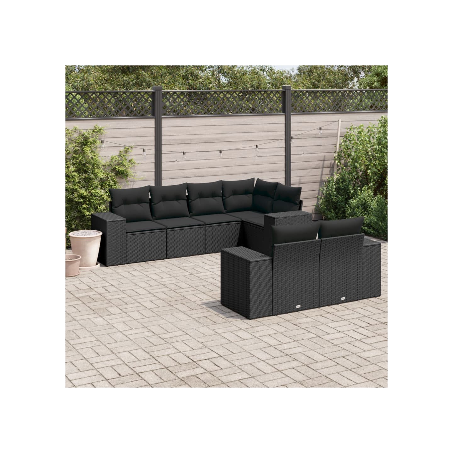 Salon de jardin 7 pcs avec coussins noir résine tressée