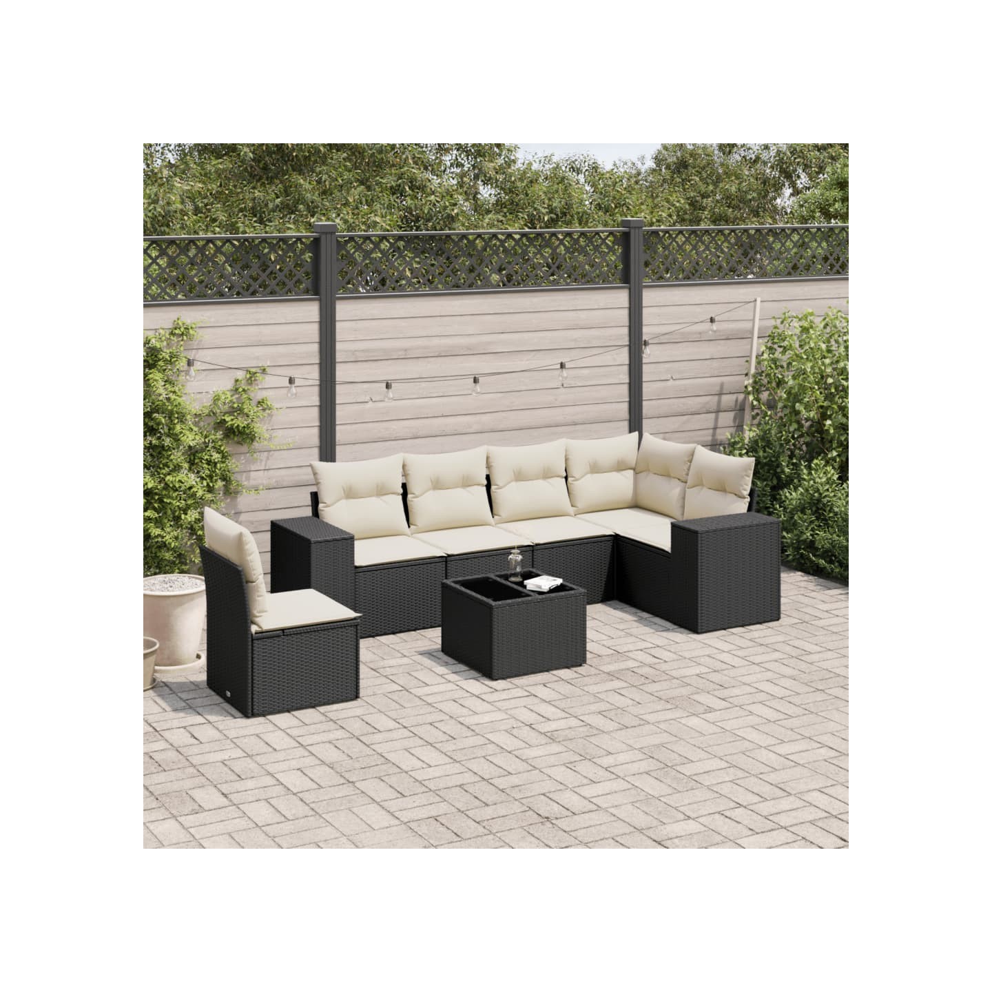Salon de jardin 7 pcs avec coussins noir résine tressée