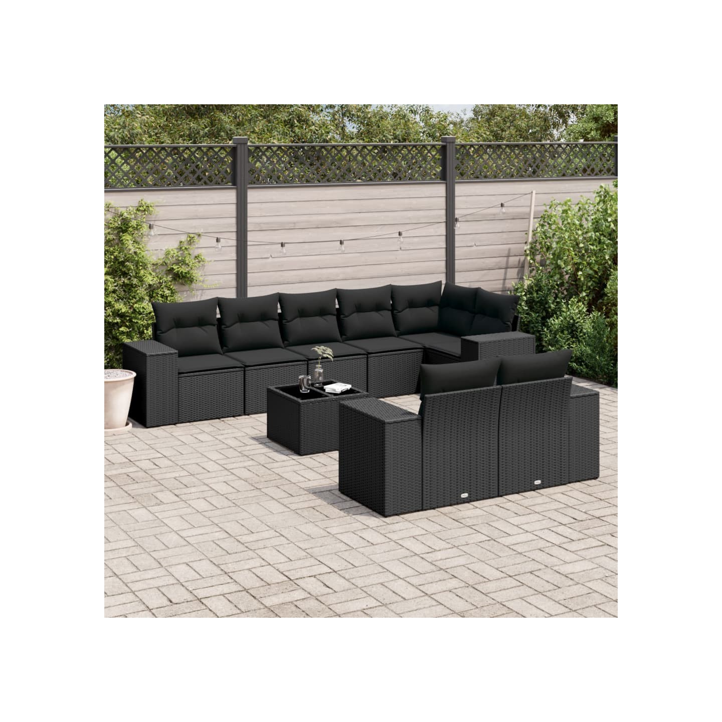 Salon de jardin 9 pcs avec coussins noir résine tressée