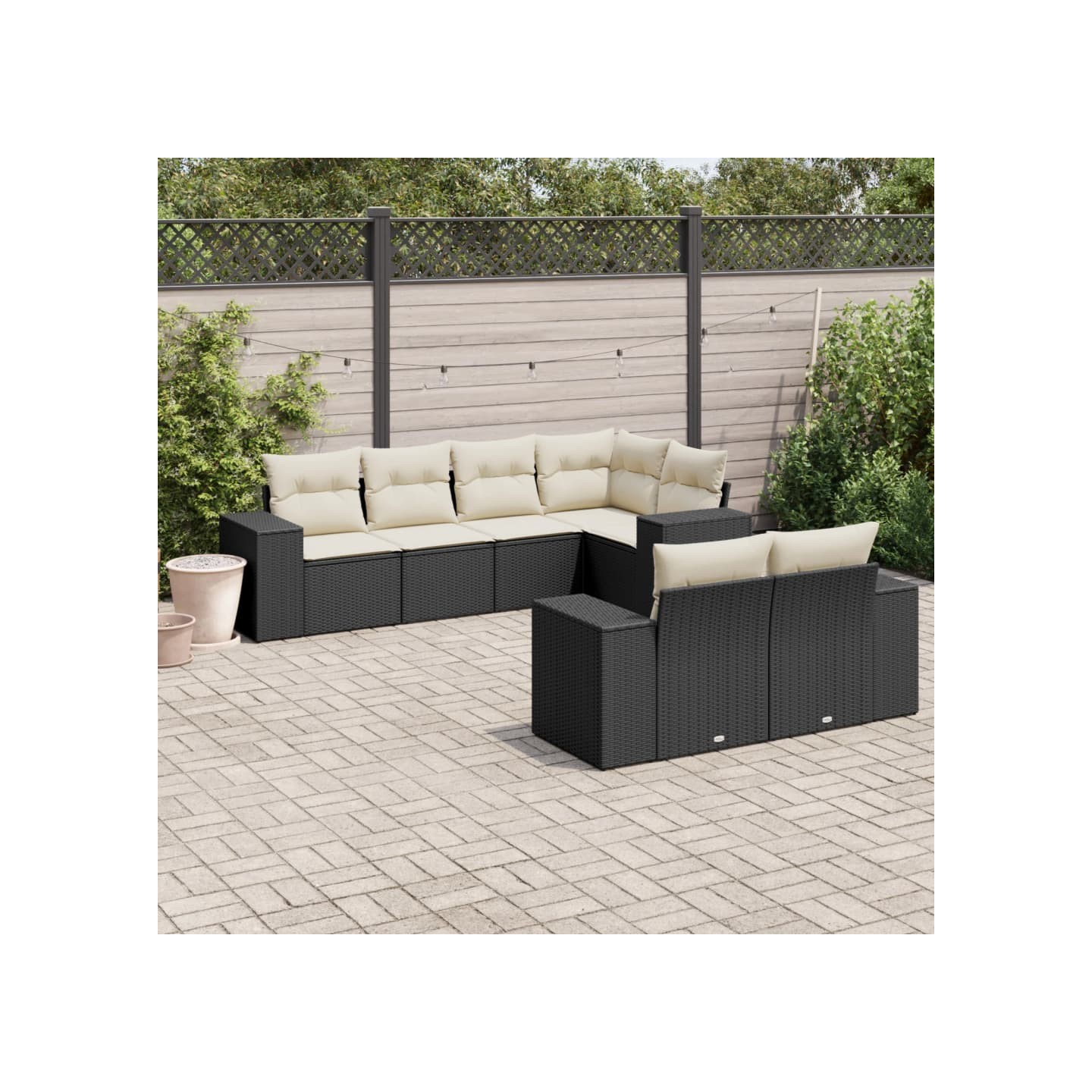 Salon de jardin 7 pcs avec coussins noir résine tressée