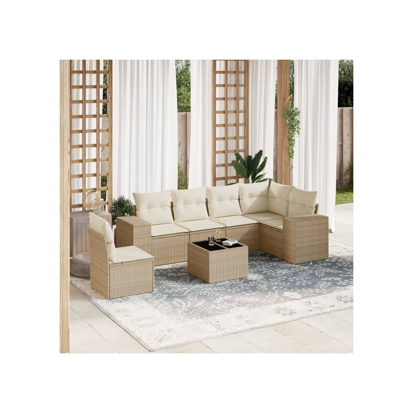 Salon de jardin avec coussins 7 pcs beige résine tressée