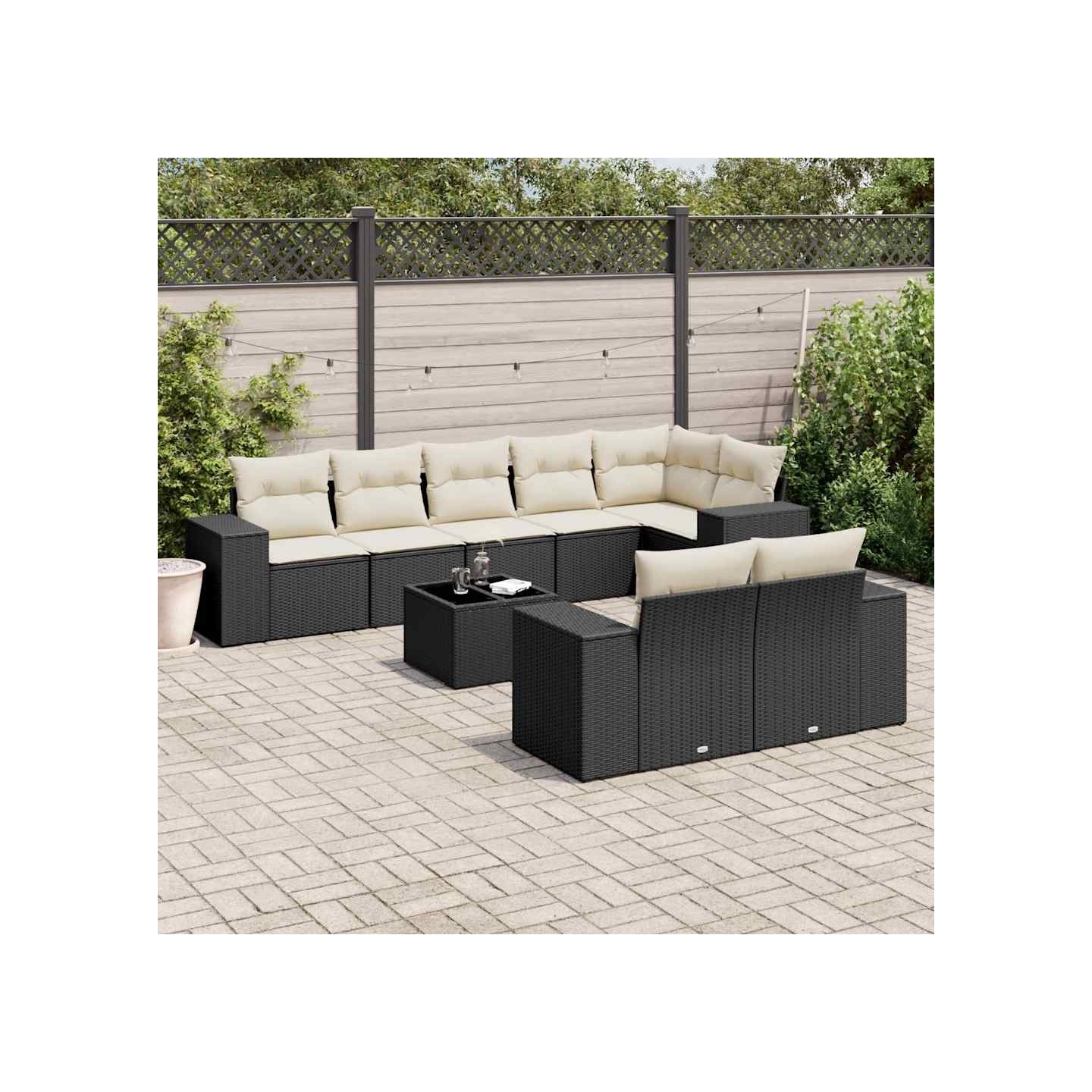 Salon de jardin 9 pcs avec coussins noir résine tressée