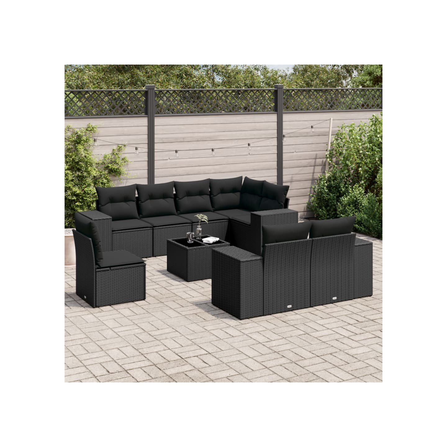 Salon de jardin 9 pcs avec coussins noir résine tressée