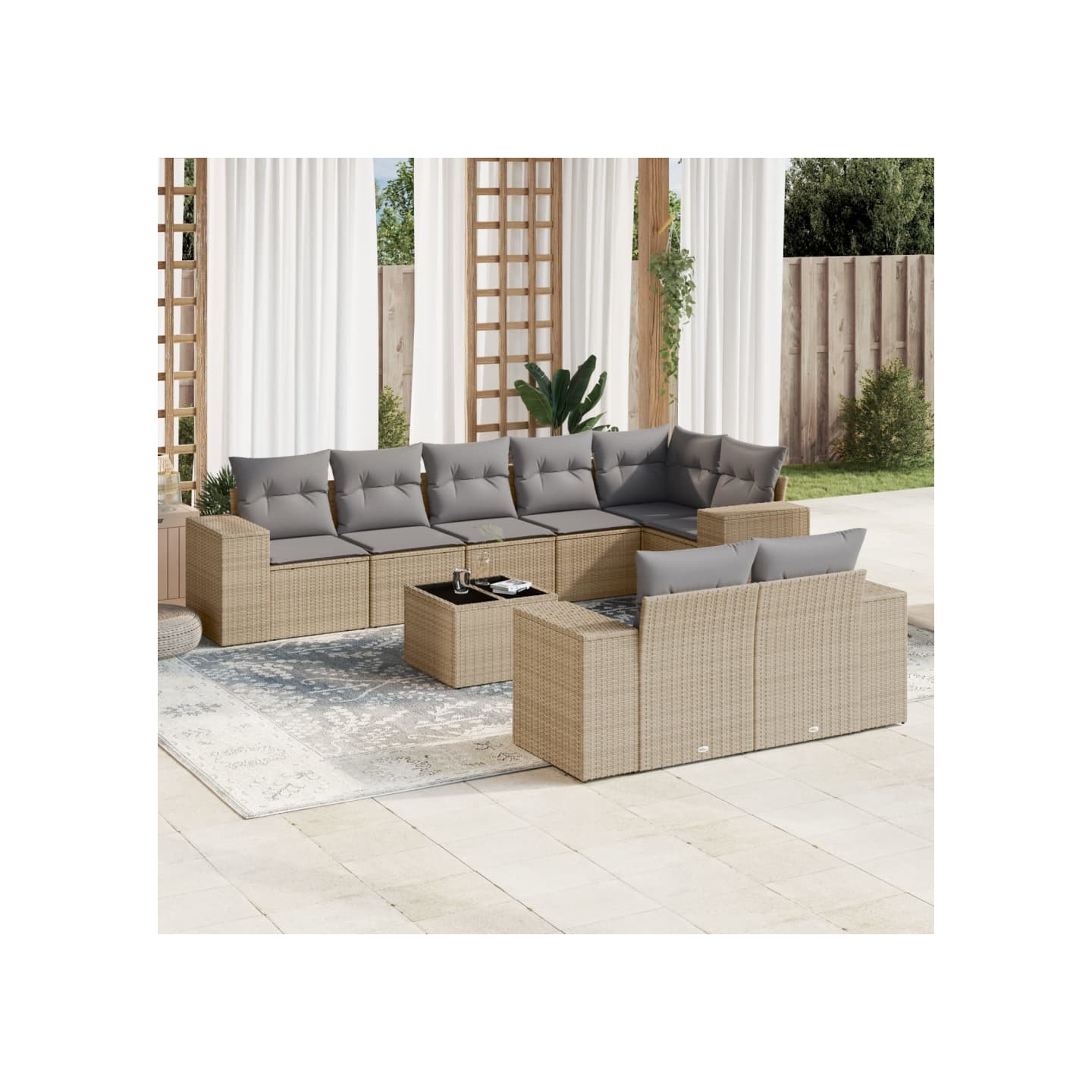 Salon de jardin avec coussins 9 pcs beige résine tressée