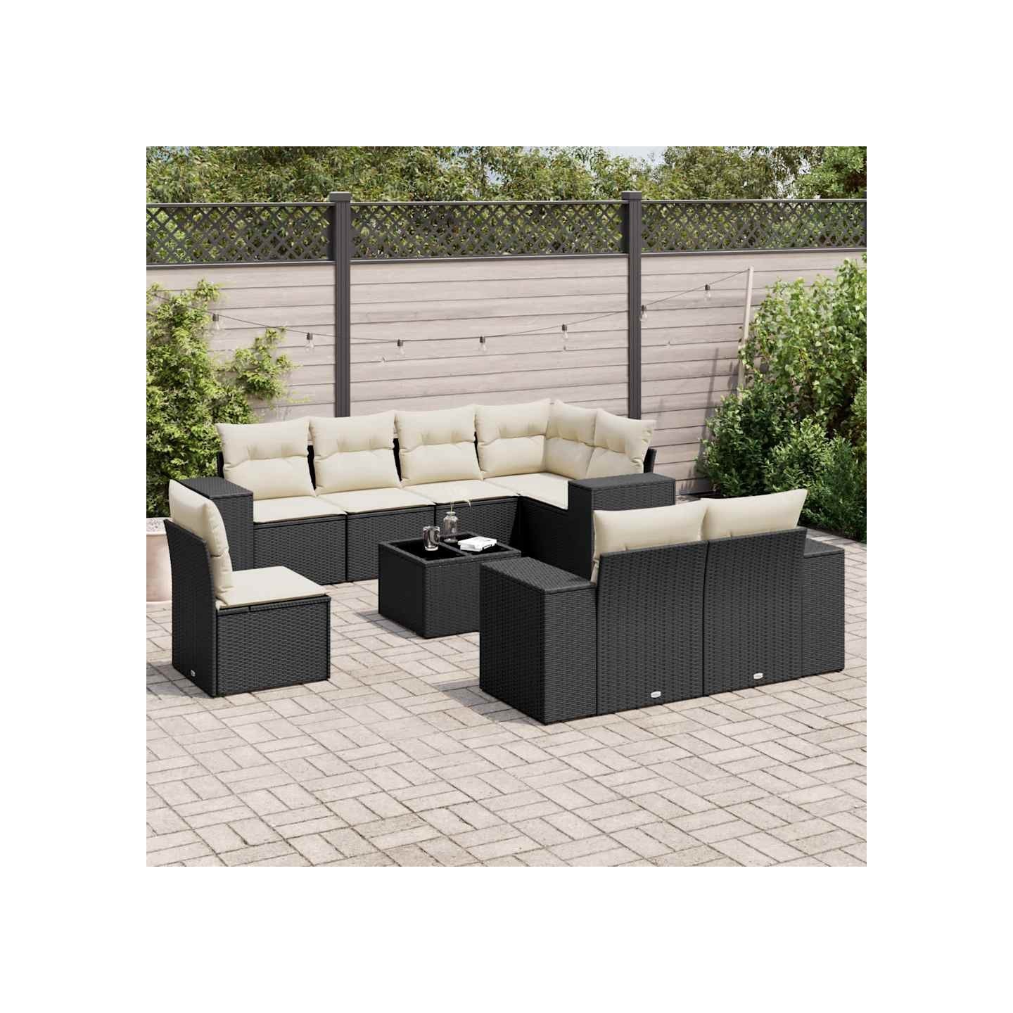 Salon de jardin 9 pcs avec coussins noir résine tressée
