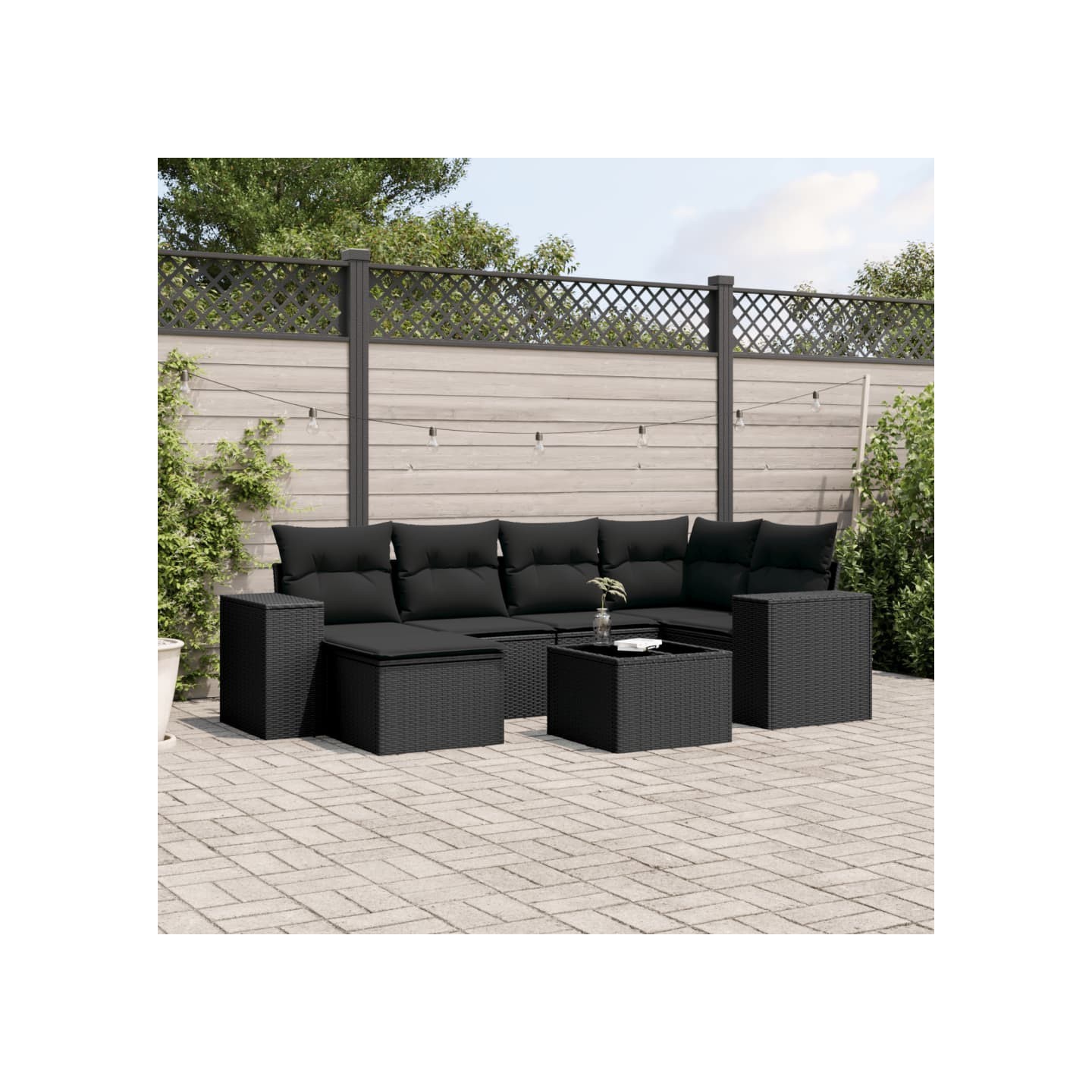 Salon de jardin 7 pcs avec coussins noir résine tressée