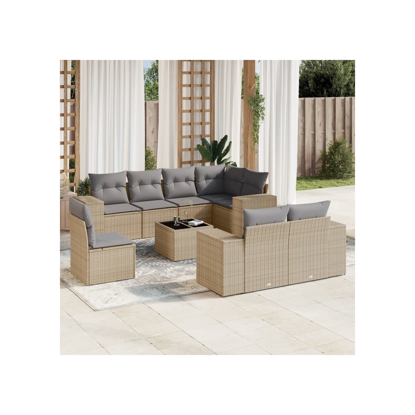 Salon de jardin avec coussins 9 pcs beige résine tressée
