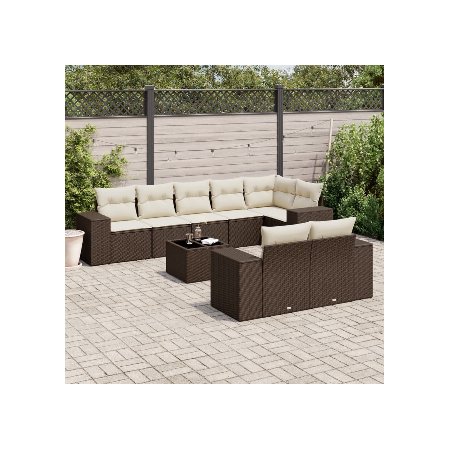 Salon de jardin avec coussins 9 pcs marron résine tressée