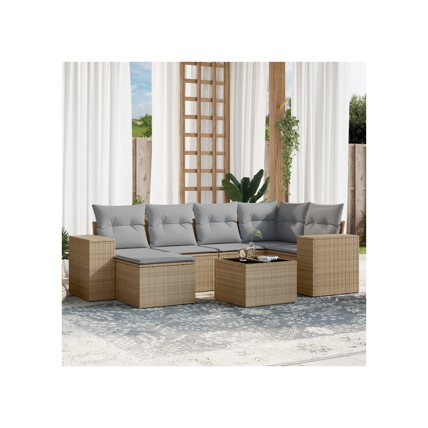 Salon de jardin avec coussins 7 pcs beige résine tressée