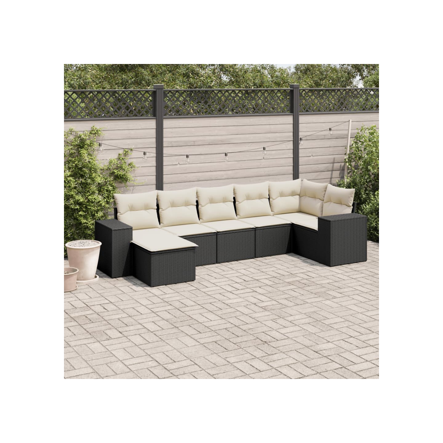 Salon de jardin 7 pcs avec coussins noir résine tressée