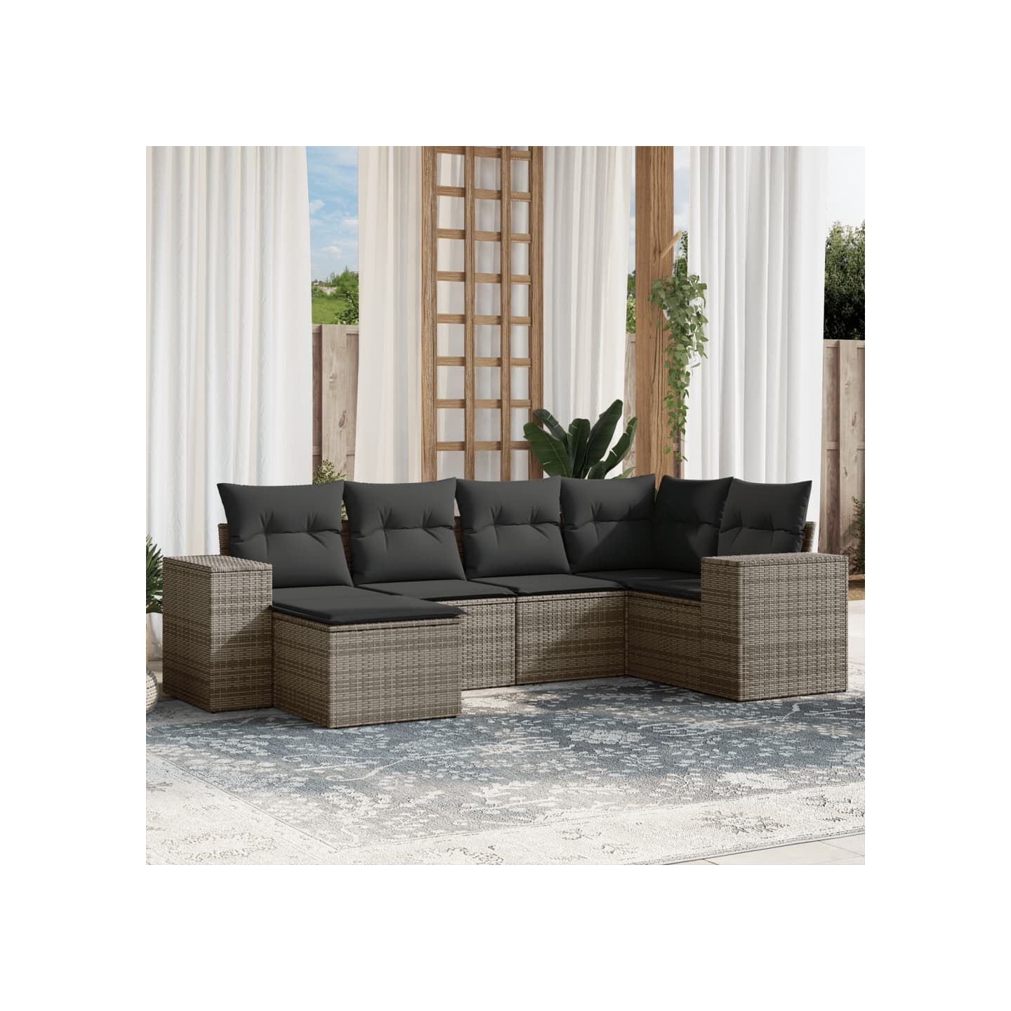 Salon de jardin 6 pcs avec coussins gris résine tressée