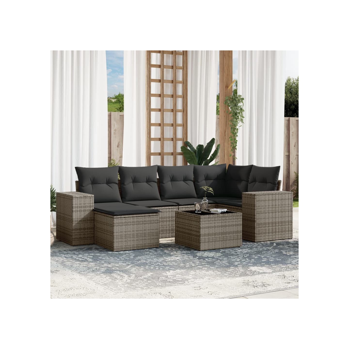 Salon de jardin avec coussins 7 pcs gris résine tressée