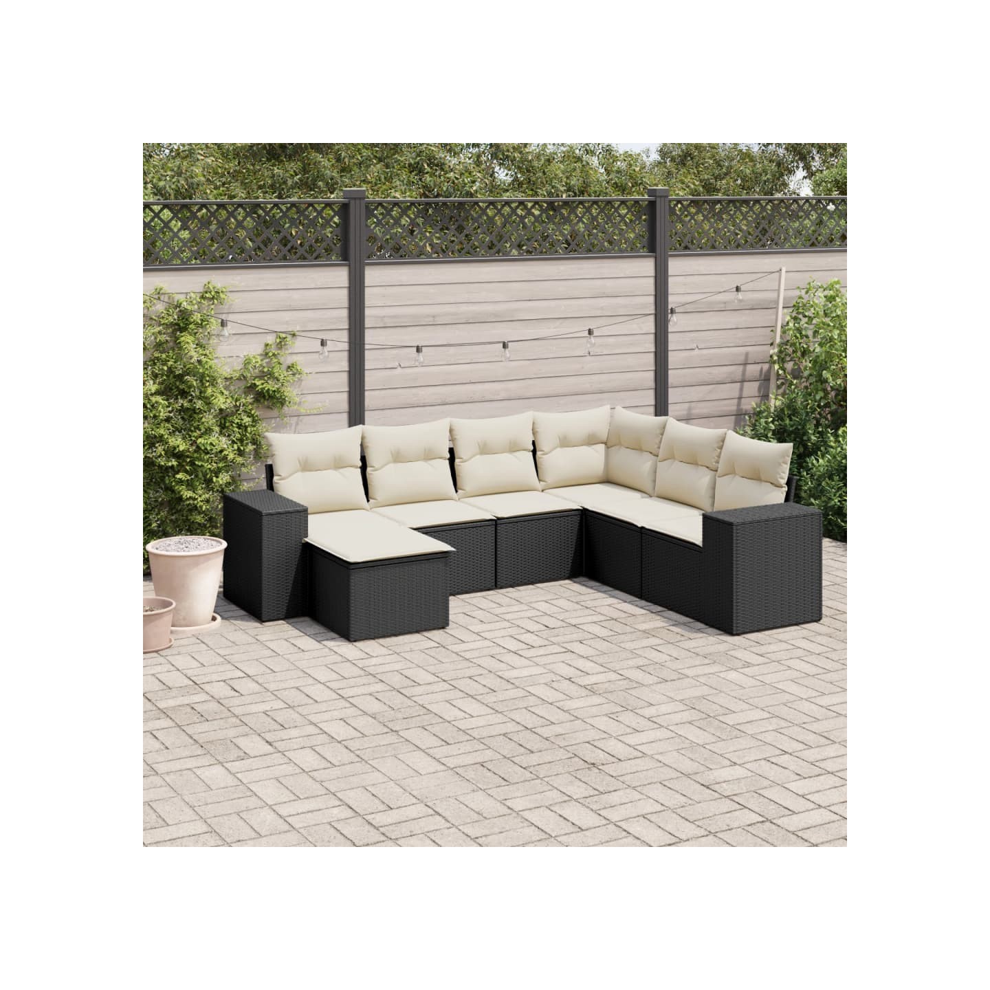 Salon de jardin 7 pcs avec coussins noir résine tressée