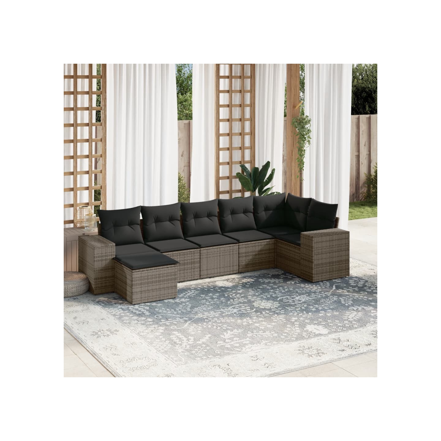 Salon de jardin avec coussins 7 pcs gris résine tressée