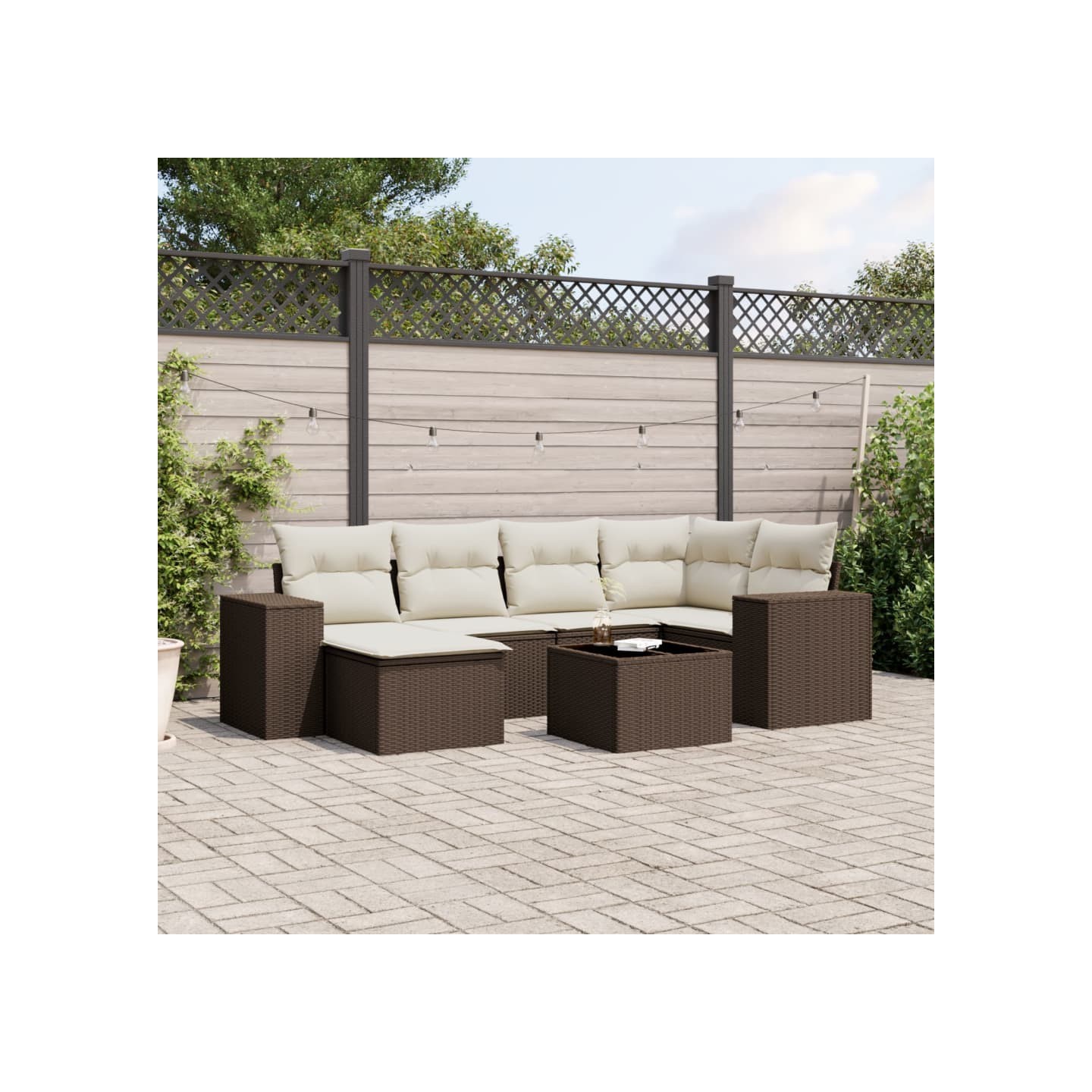 Salon de jardin avec coussins 7 pcs marron résine tressée