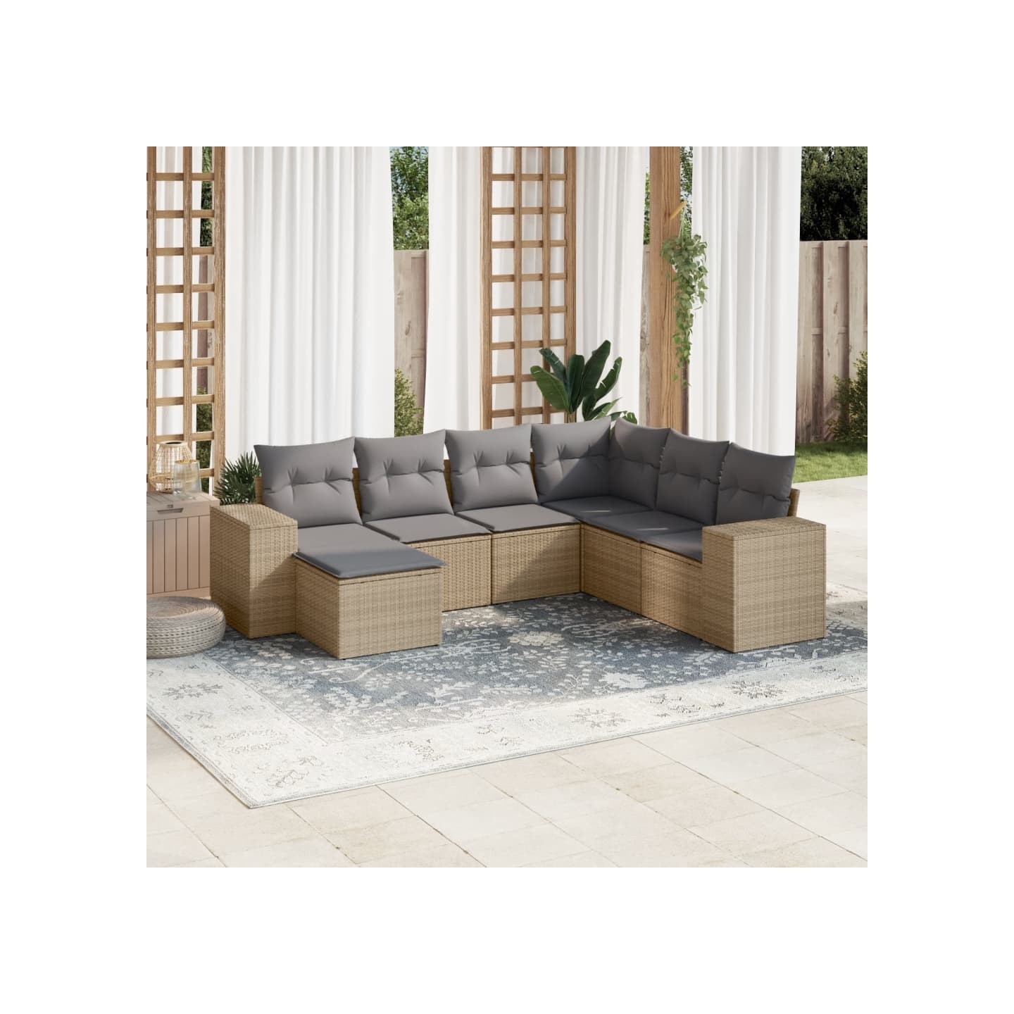 Salon de jardin avec coussins 7 pcs beige résine tressée
