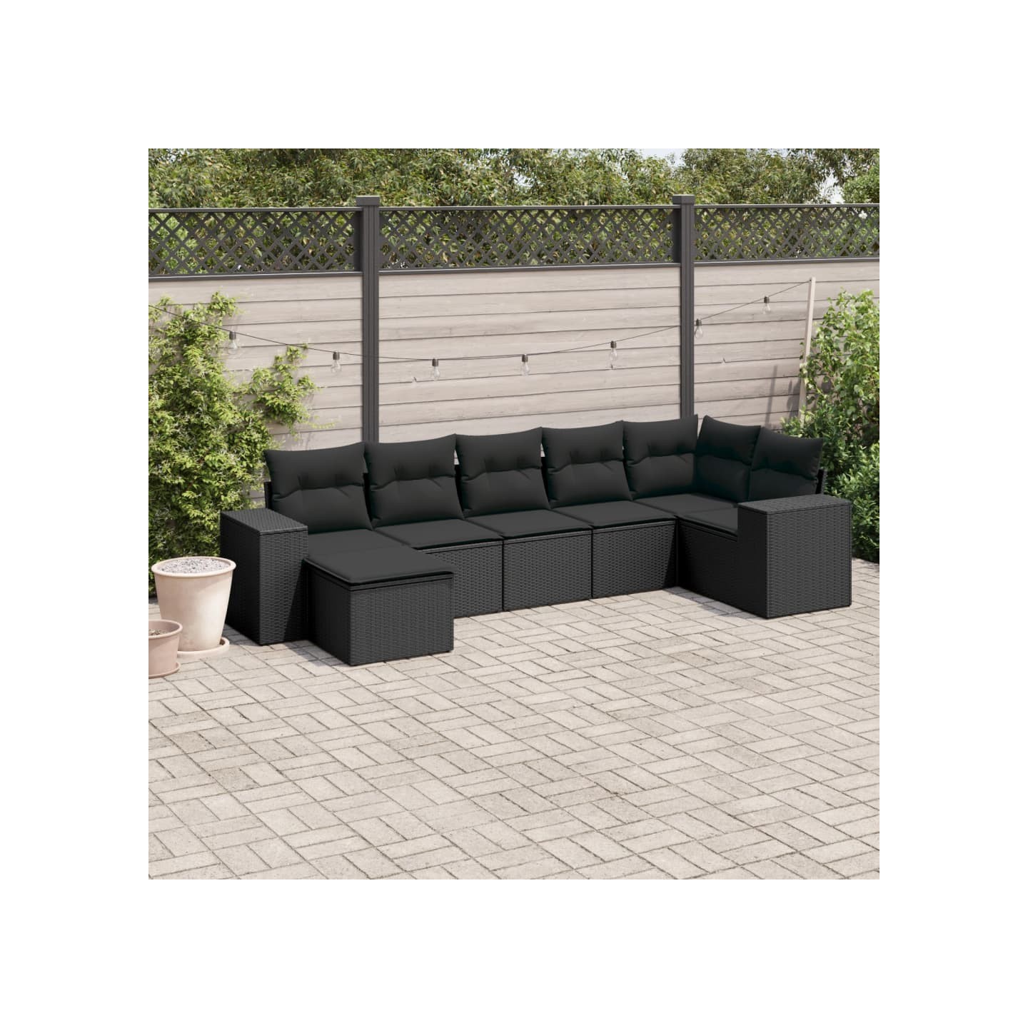 Salon de jardin 7 pcs avec coussins noir résine tressée