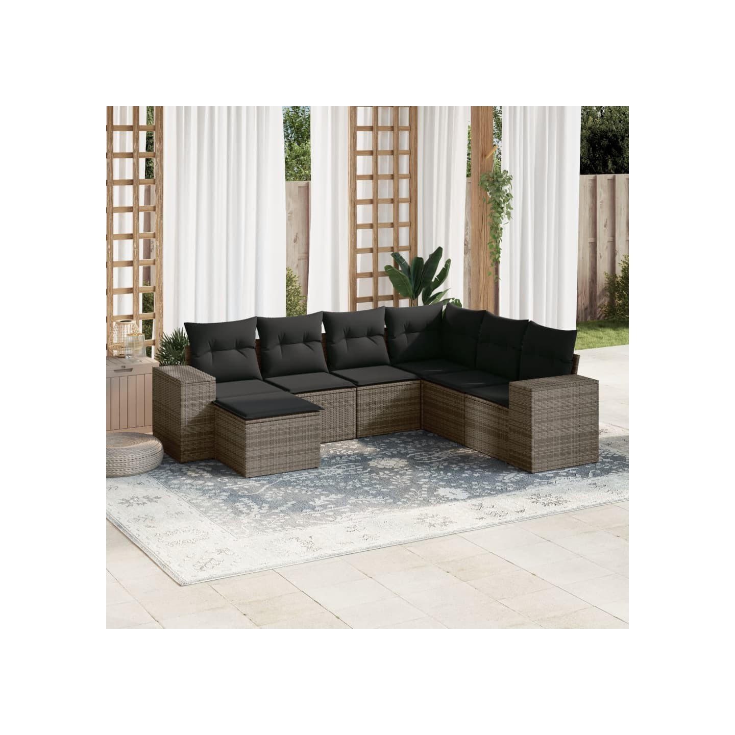 Salon de jardin avec coussins 7 pcs gris résine tressée