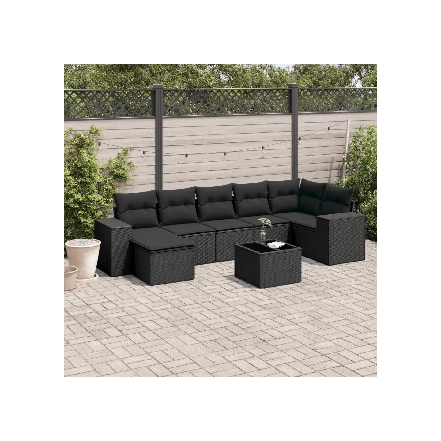 Salon de jardin 8 pcs avec coussins noir résine tressée