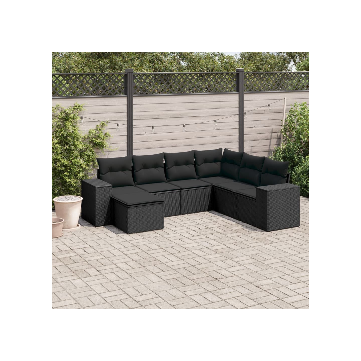 Salon de jardin 7 pcs avec coussins noir résine tressée