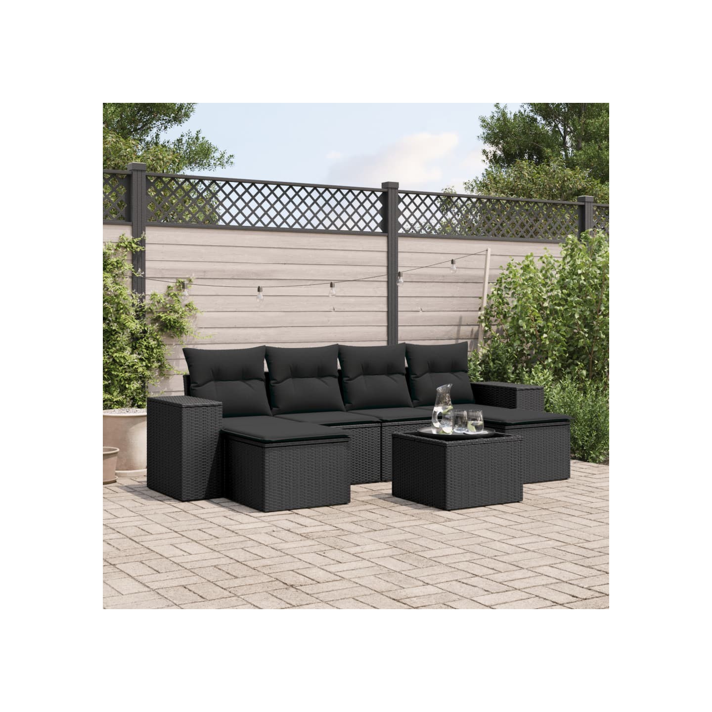Salon de jardin 7 pcs avec coussins noir résine tressée