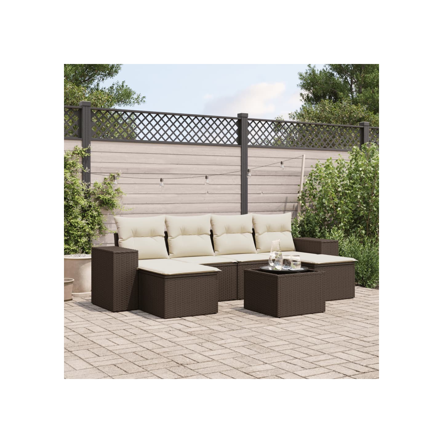 Salon de jardin avec coussins 7 pcs marron résine tressée