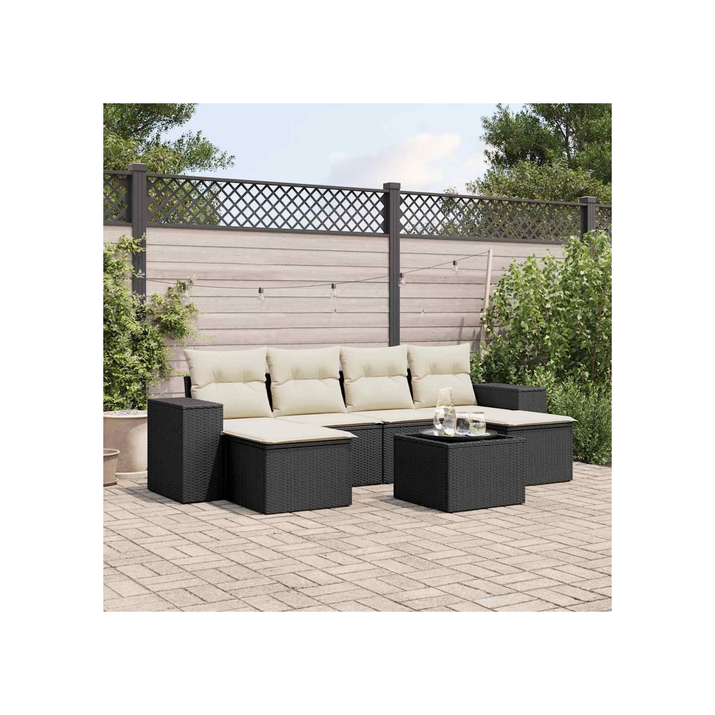 Salon de jardin 7 pcs avec coussins noir résine tressée