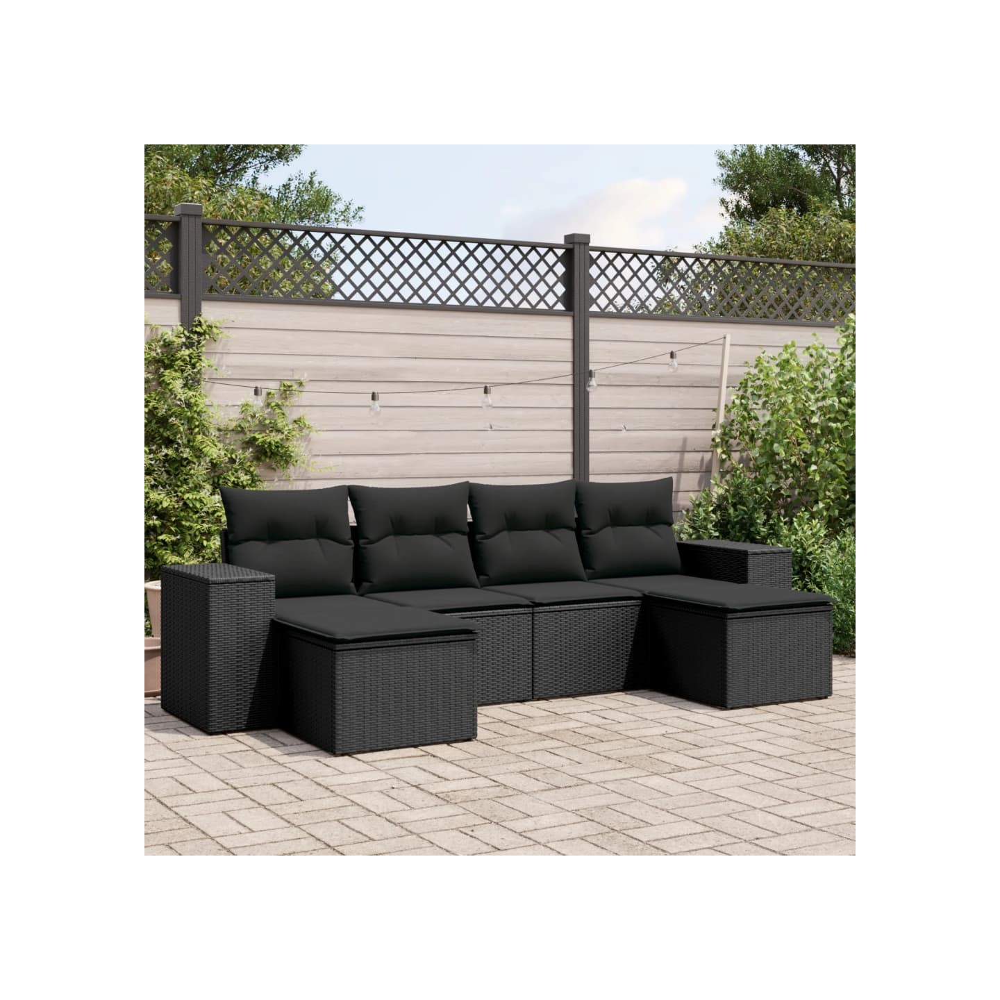 Salon de jardin 6 pcs avec coussins noir résine tressée
