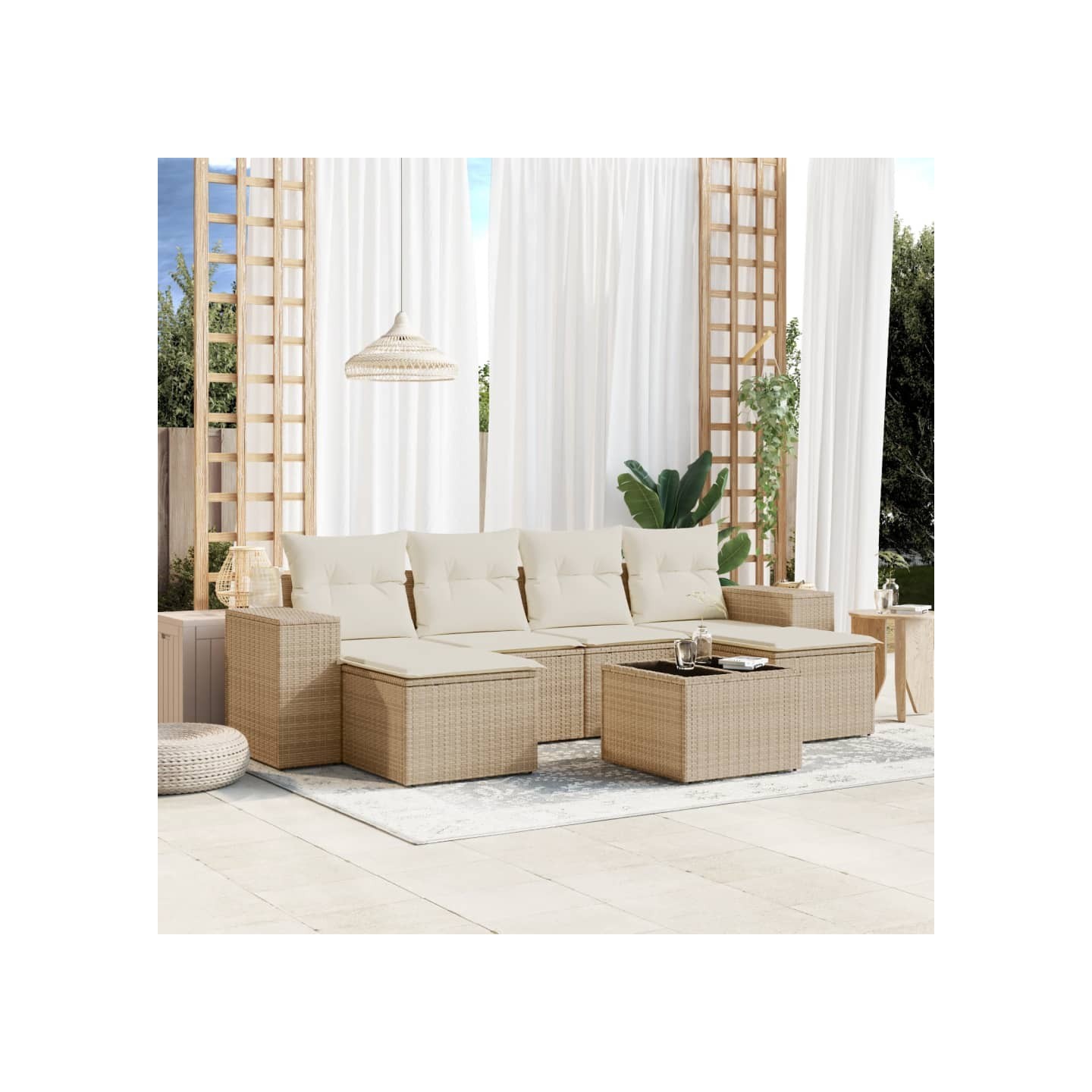 Salon de jardin avec coussins 7 pcs beige résine tressée