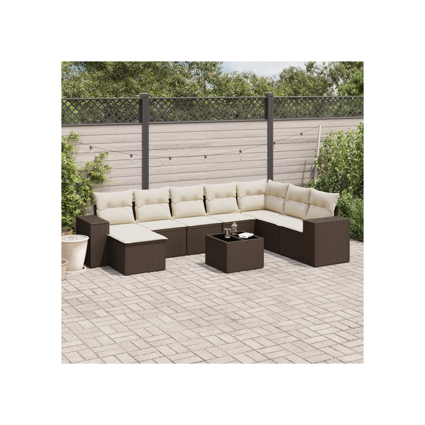 Salon de jardin avec coussins 9 pcs marron résine tressée
