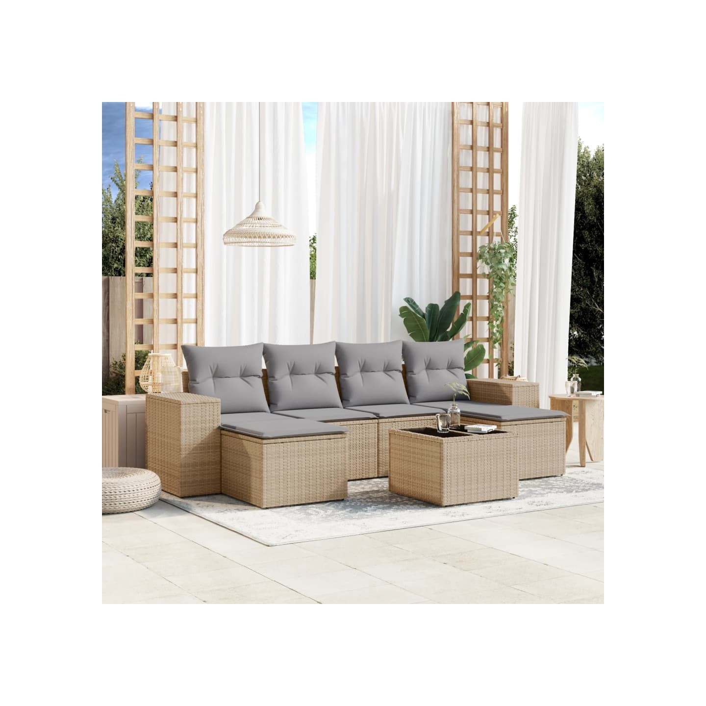 Salon de jardin avec coussins 7 pcs beige résine tressée