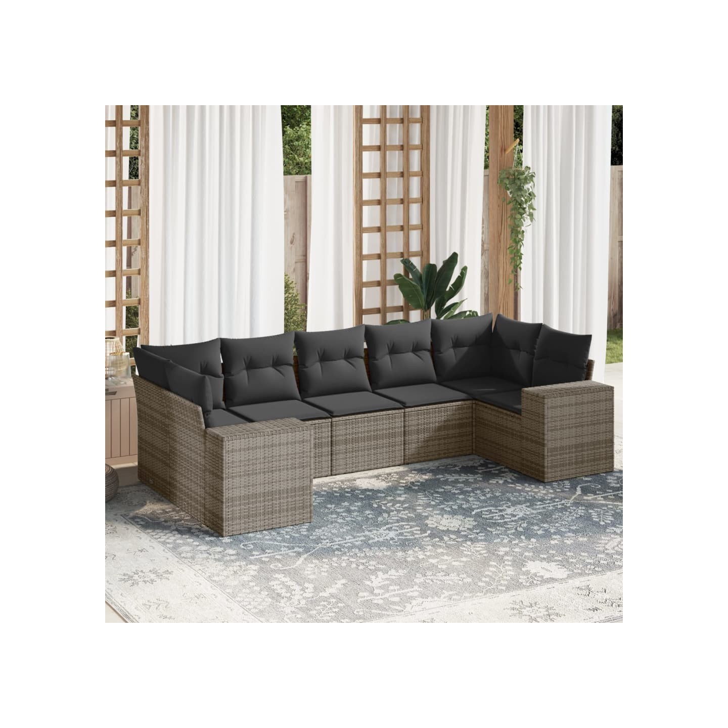 Salon de jardin avec coussins 7 pcs gris résine tressée