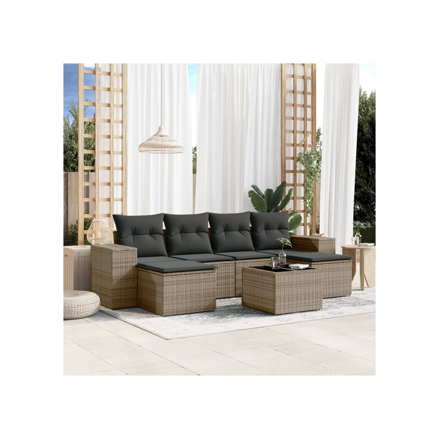 Salon de jardin avec coussins 7 pcs gris résine tressée