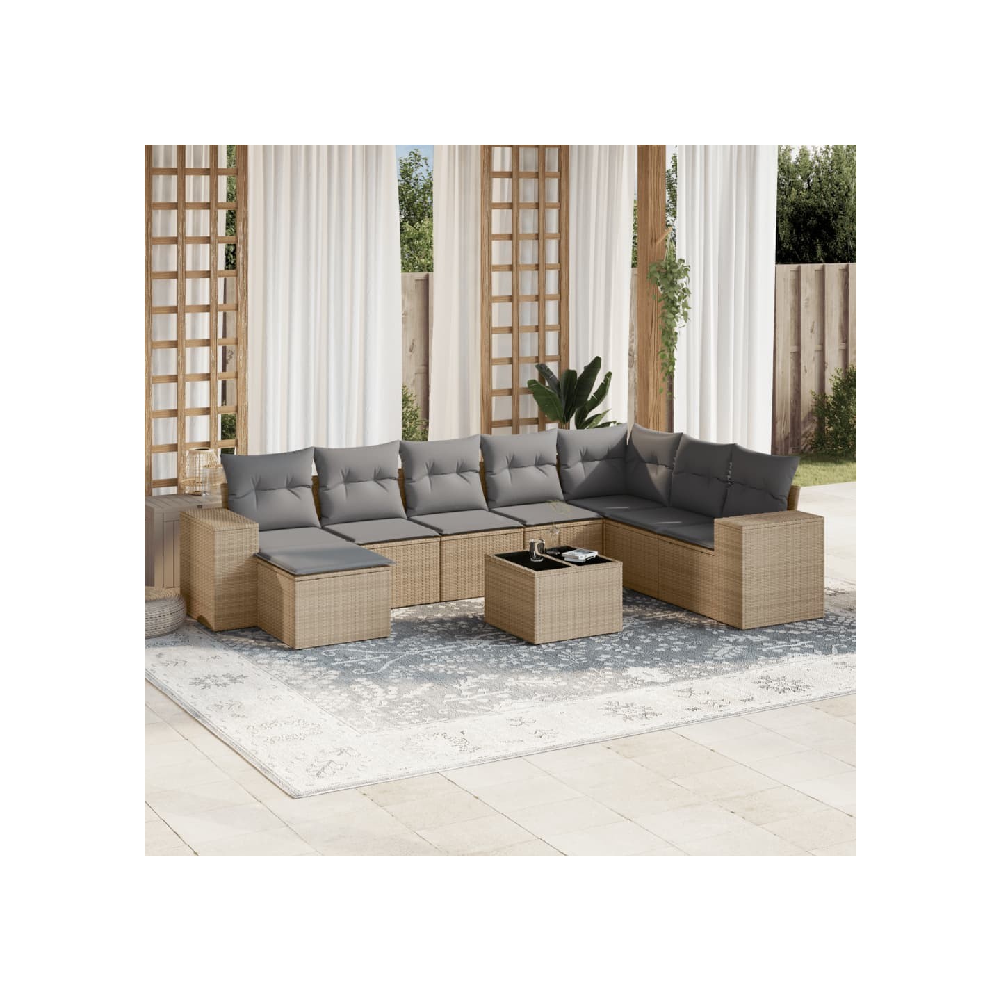 Salon de jardin avec coussins 9 pcs beige résine tressée