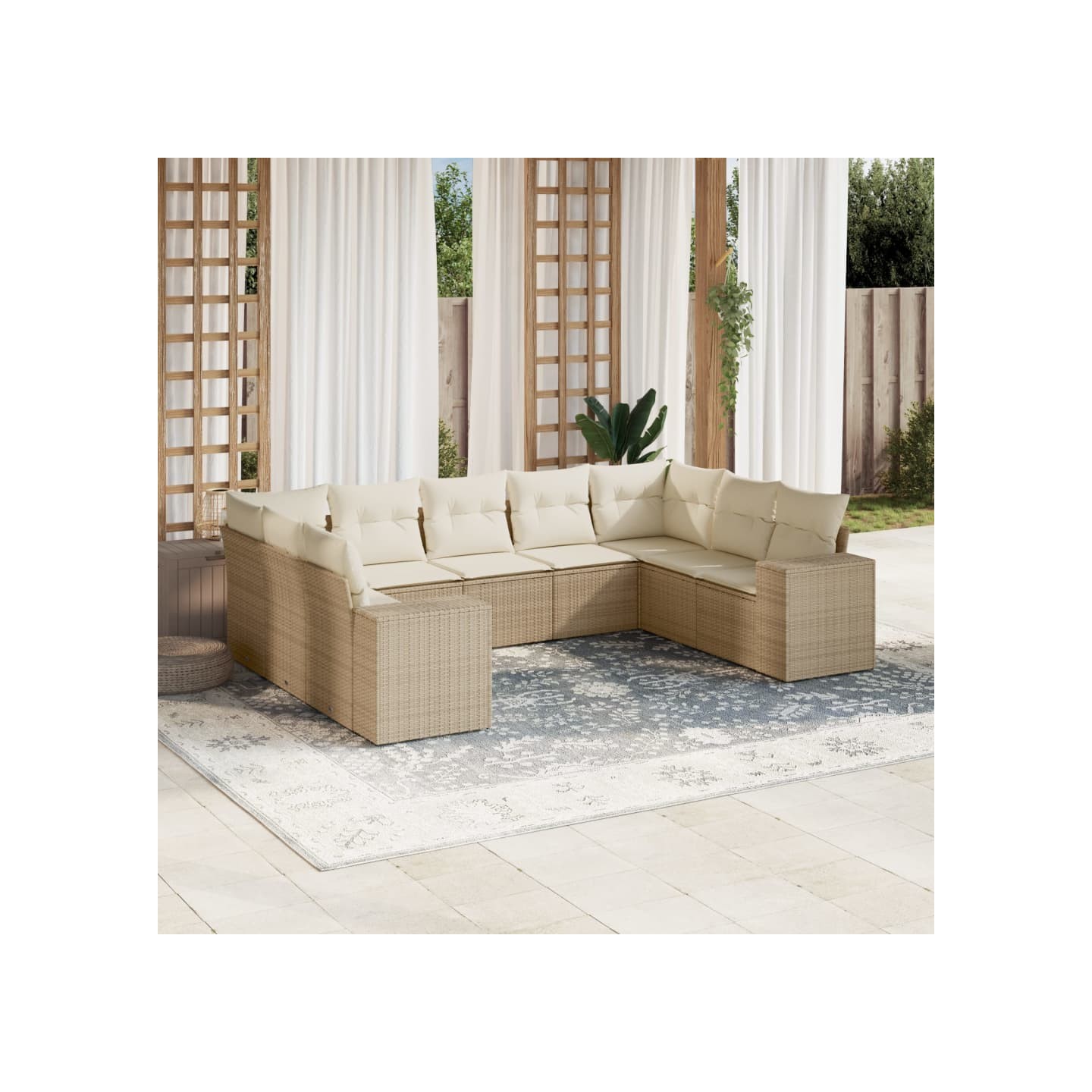 Salon de jardin avec coussins 9 pcs beige résine tressée