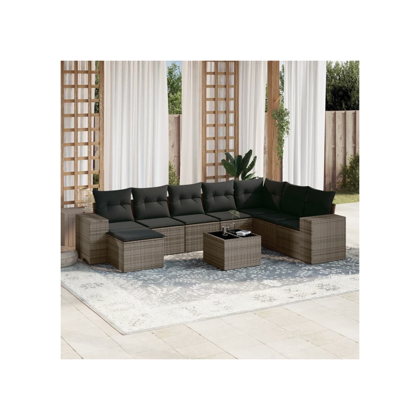 Salon de jardin 9 pcs avec coussins gris résine tressée