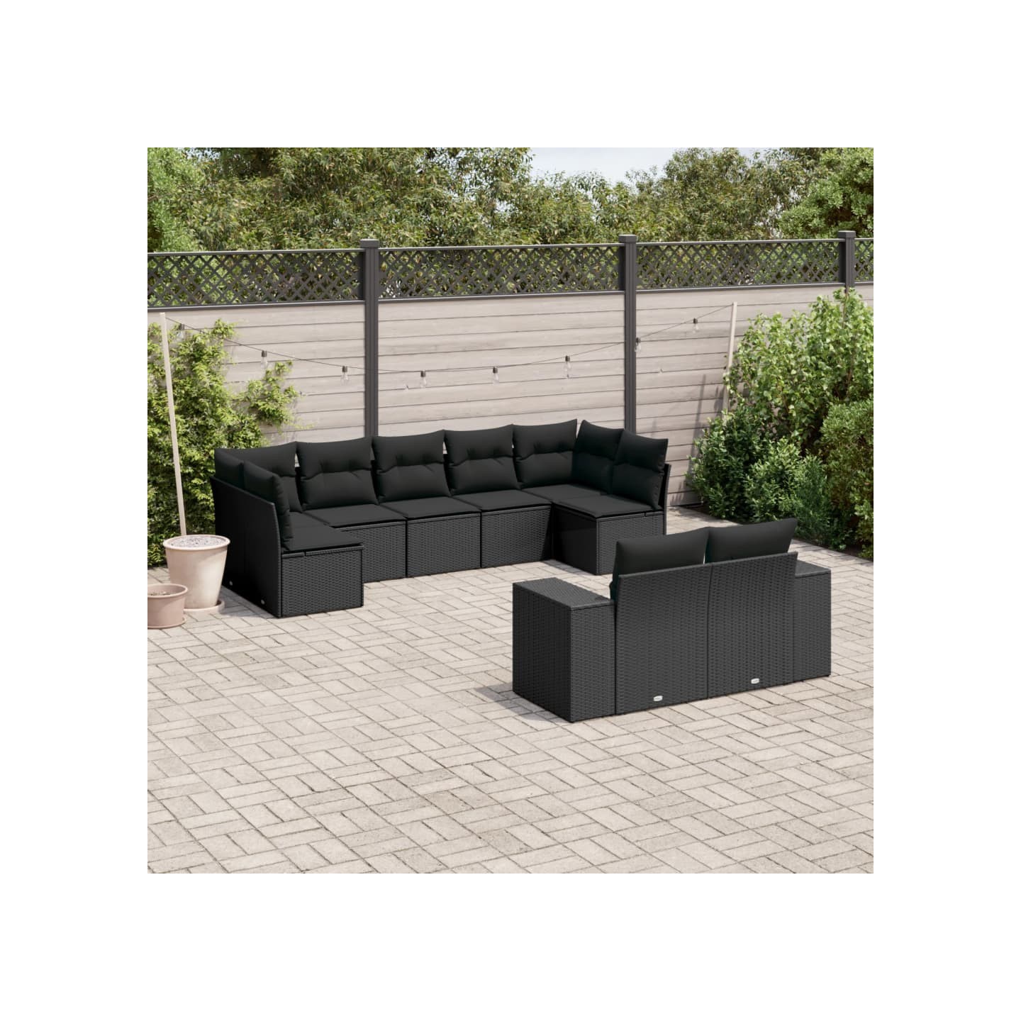 Salon de jardin 9 pcs avec coussins noir résine tressée