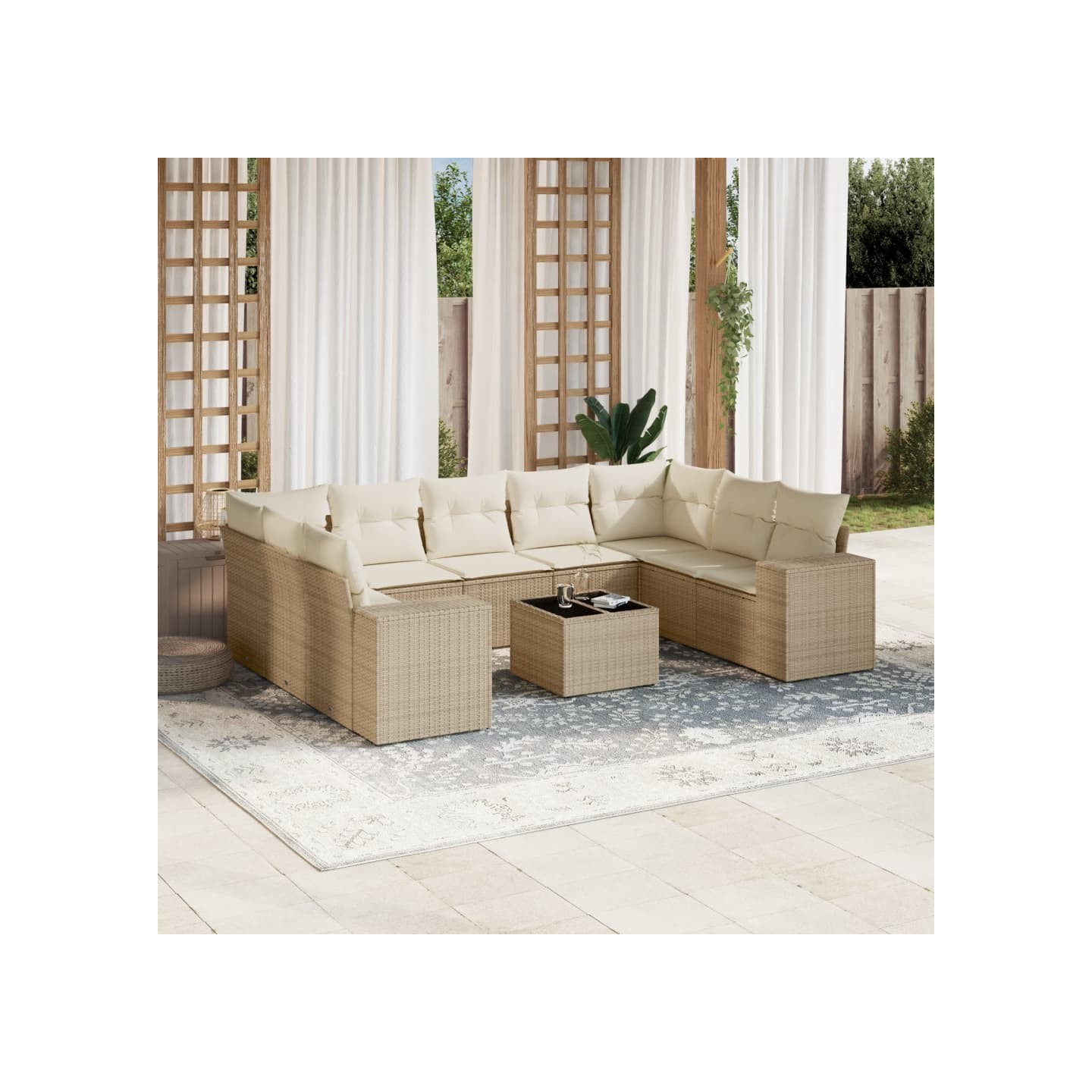 Salon de jardin avec coussins 10 pcs beige résine tressée