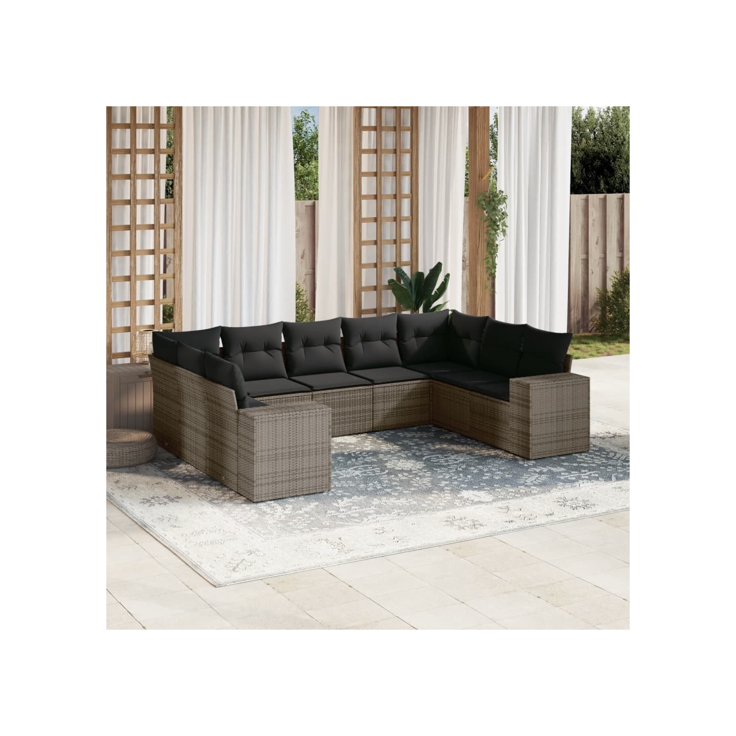 Salon de jardin 9 pcs avec coussins gris résine tressée