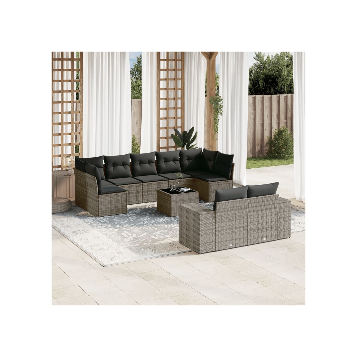 Salon de jardin avec coussins 10 pcs gris résine tressée