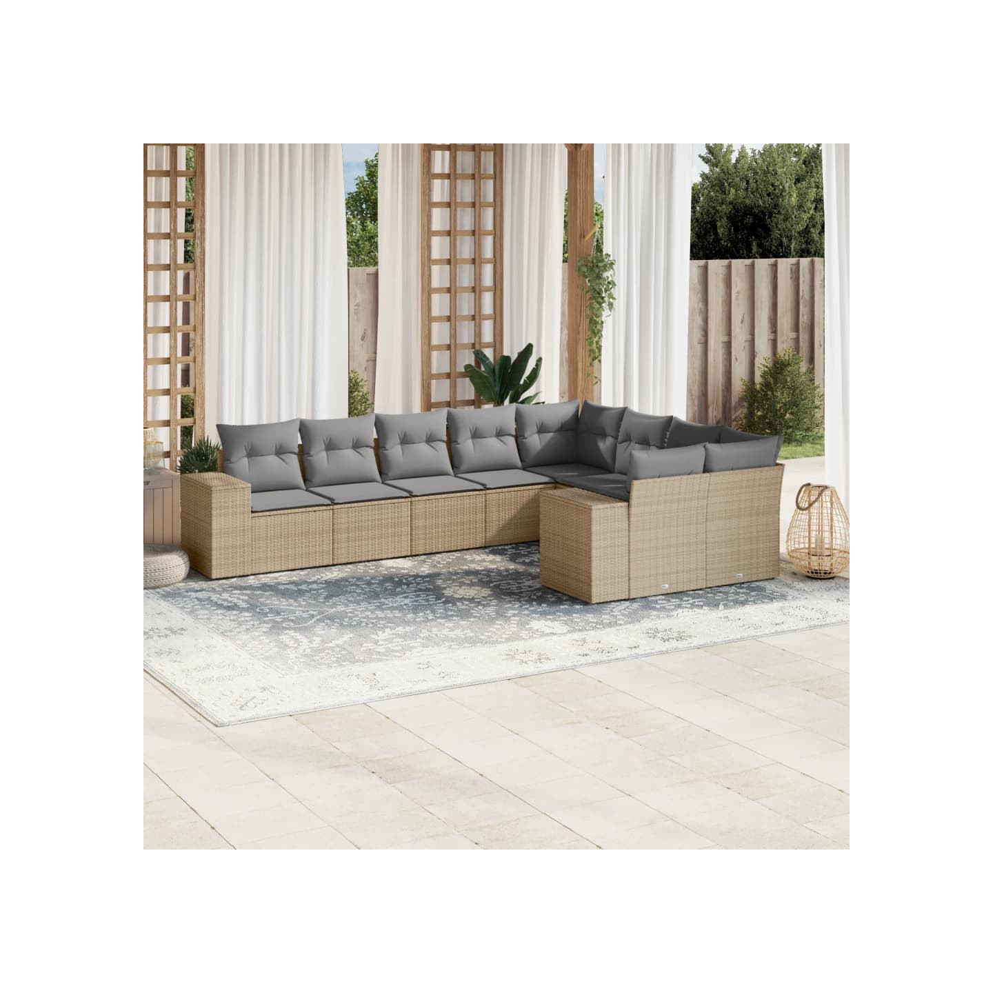 Salon de jardin avec coussins 9 pcs beige résine tressée