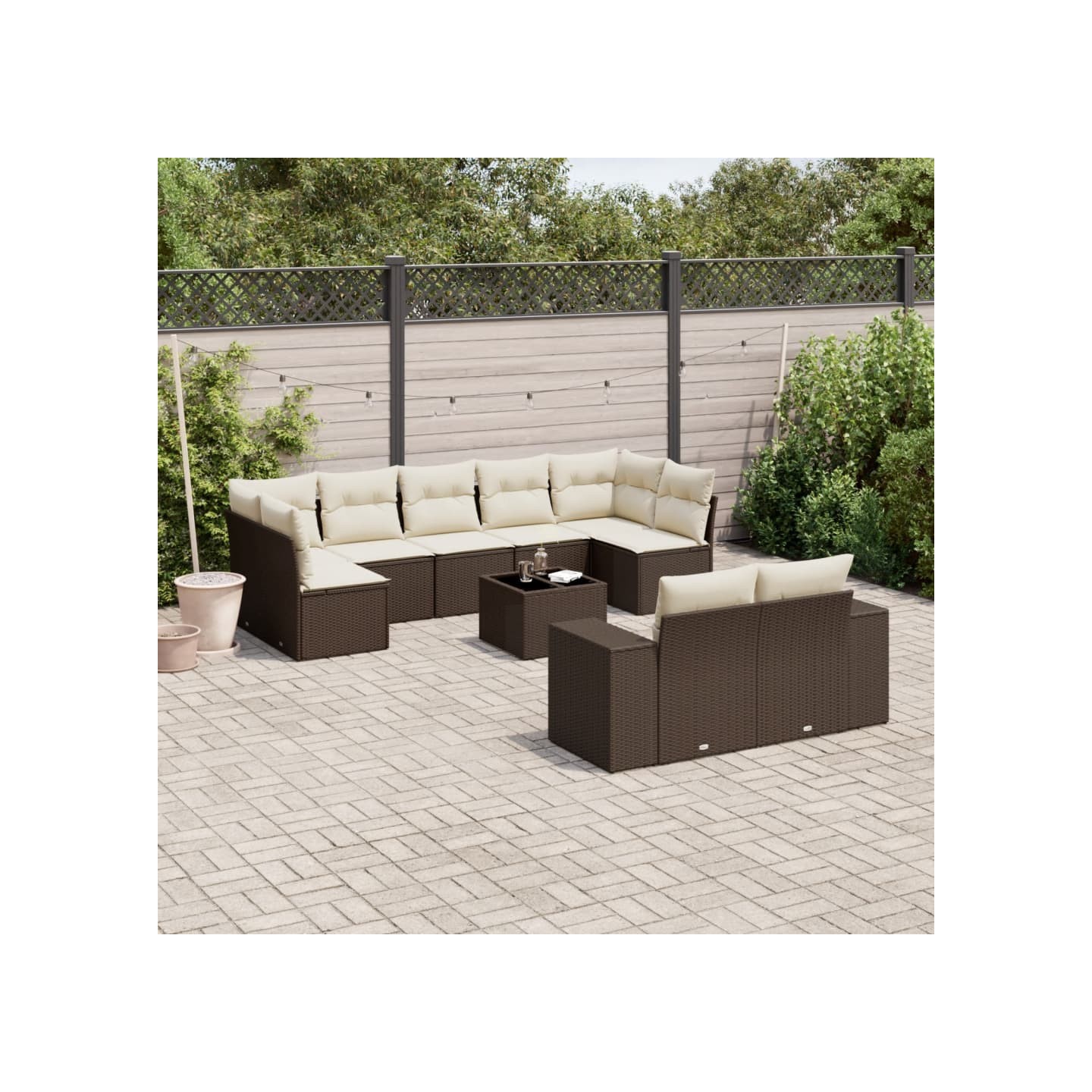 Salon de jardin 10 pcs avec coussins marron résine tressée