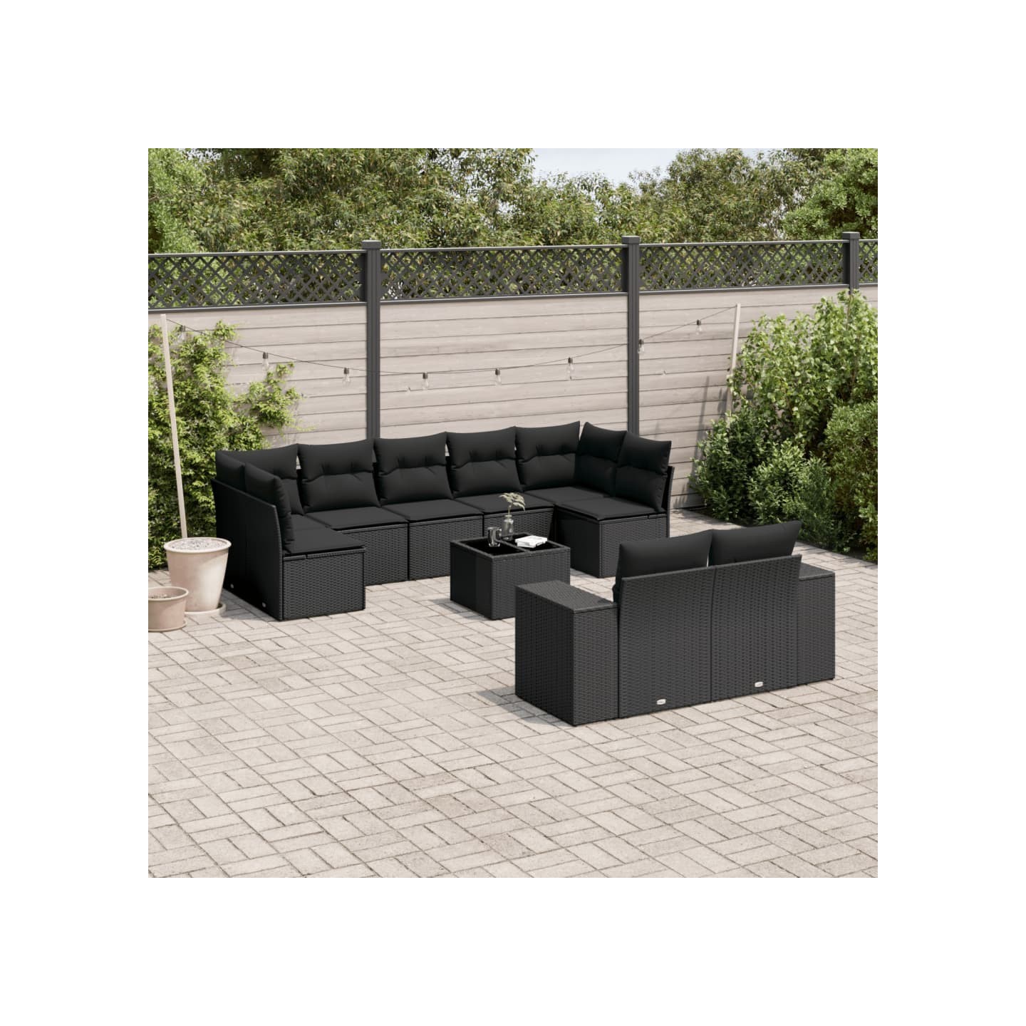 Salon de jardin 10 pcs avec coussins noir résine tressée