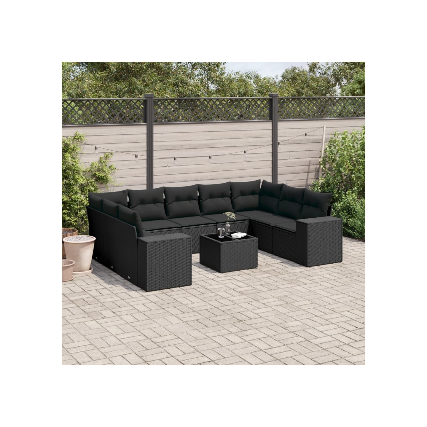 Salon de jardin 10 pcs avec coussins noir résine tressée