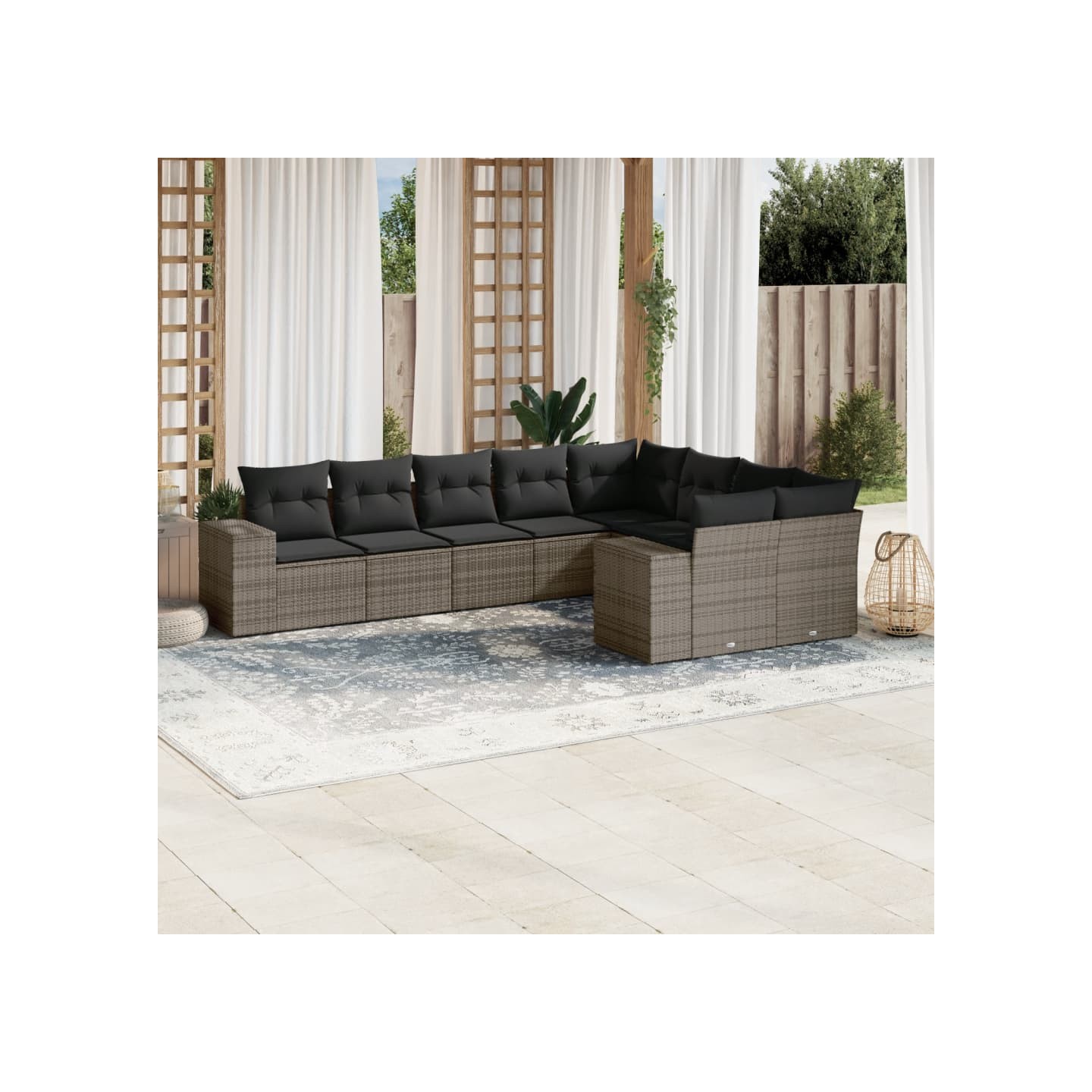 Salon de jardin 9 pcs avec coussins gris résine tressée