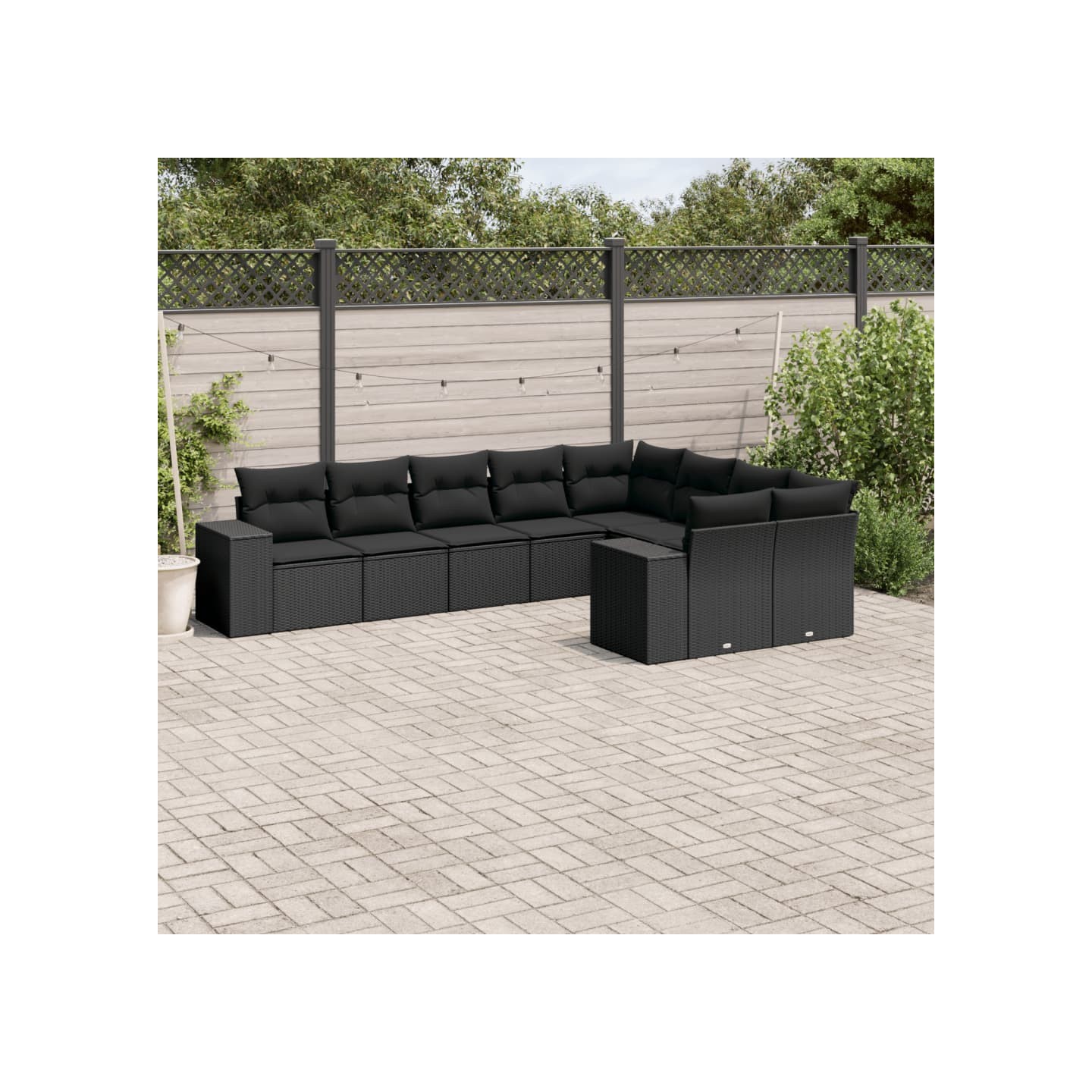 Salon de jardin 9 pcs avec coussins noir résine tressée