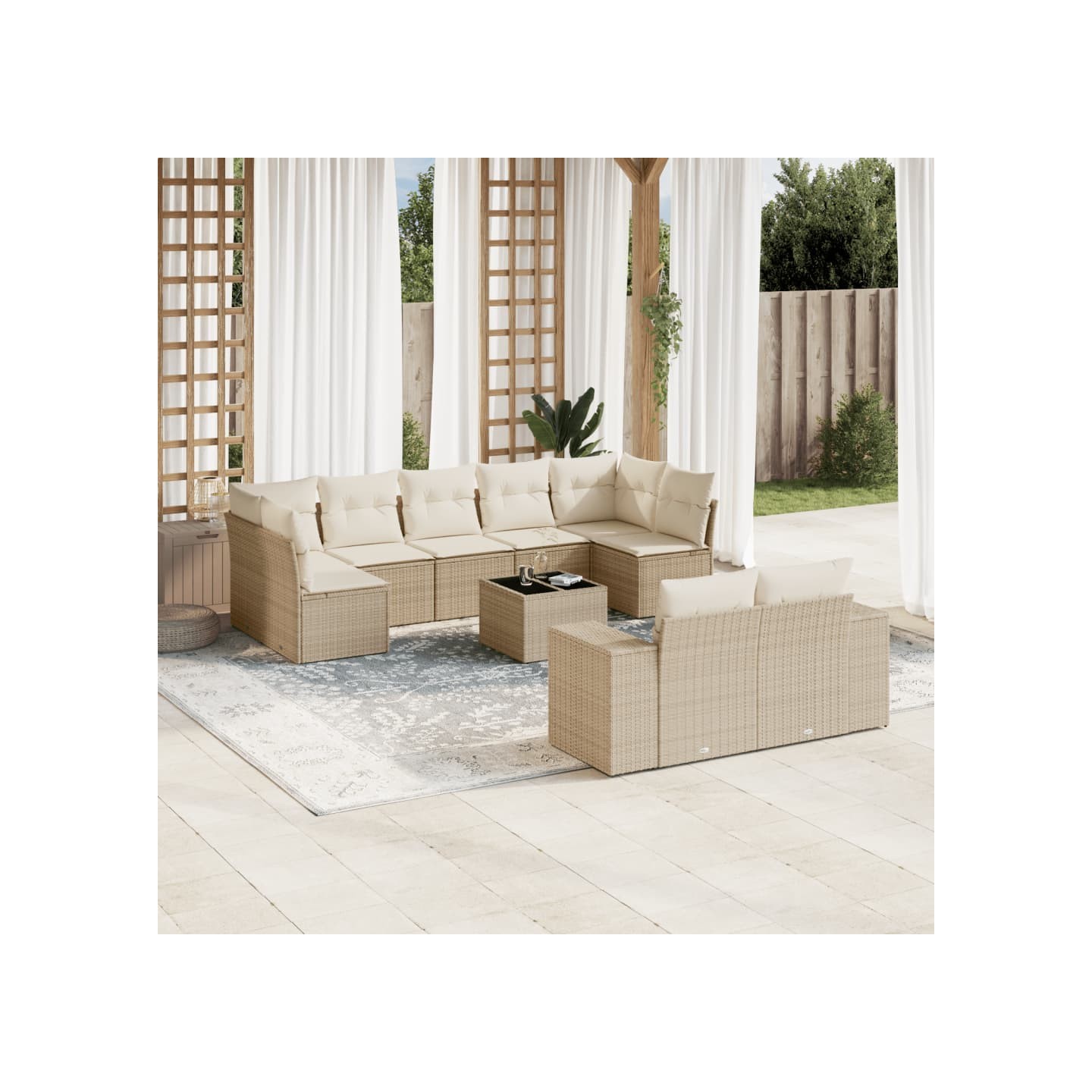 Salon de jardin avec coussins 10 pcs beige résine tressée