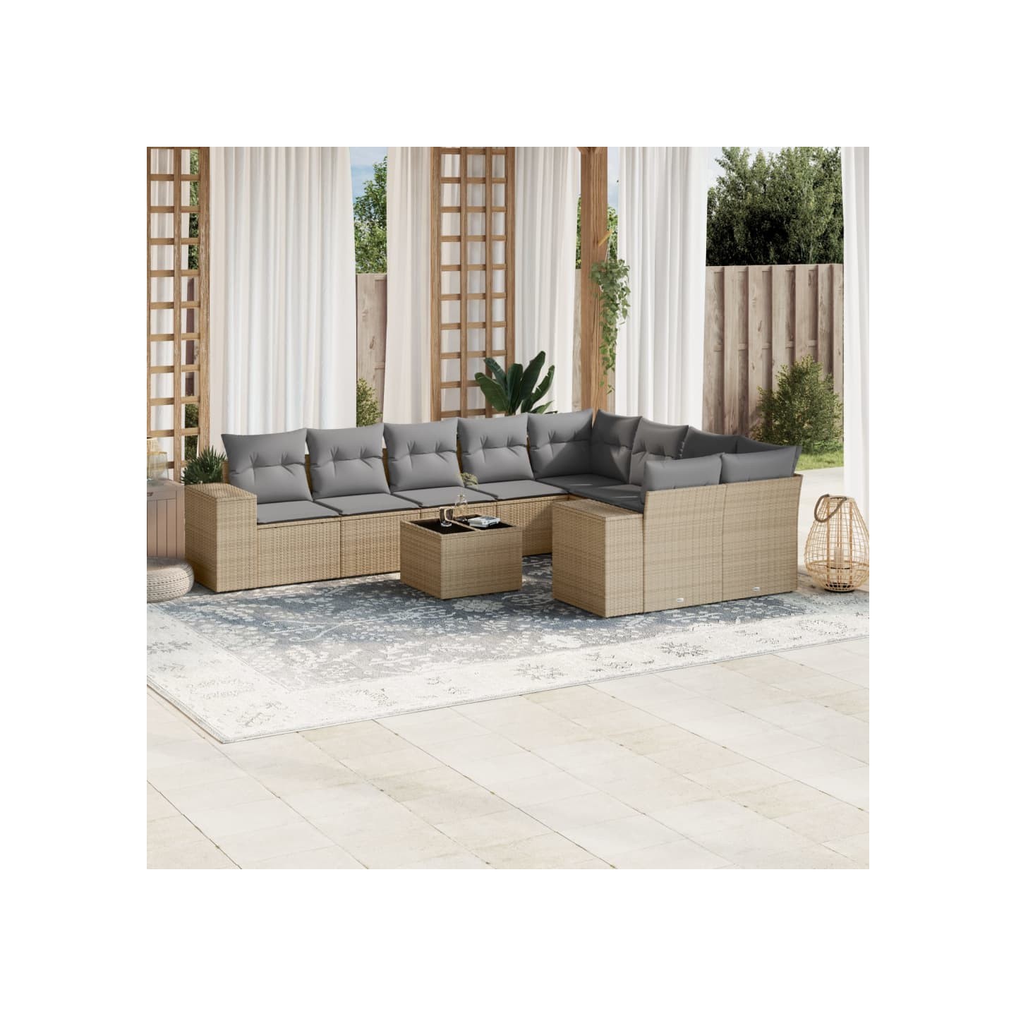 Salon de jardin avec coussins 10 pcs beige résine tressée