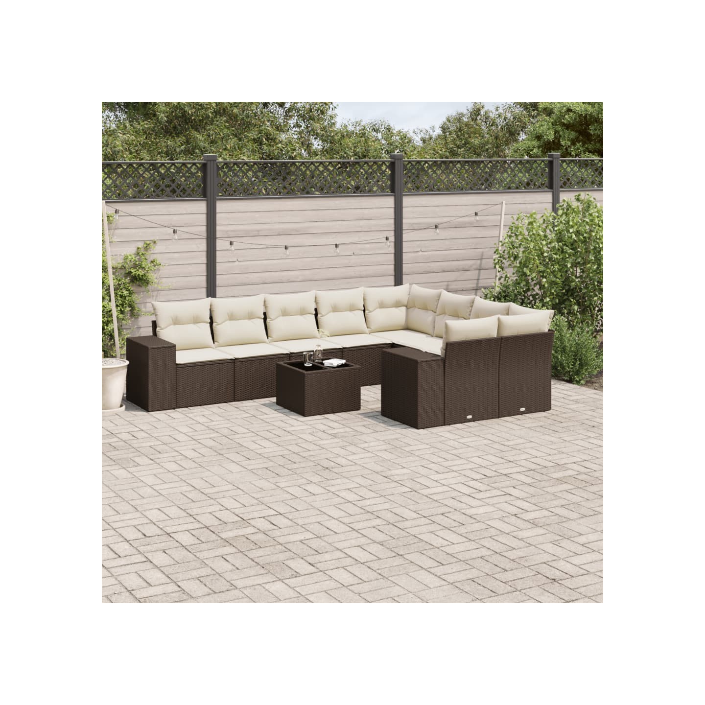 Salon de jardin 10 pcs avec coussins marron résine tressée